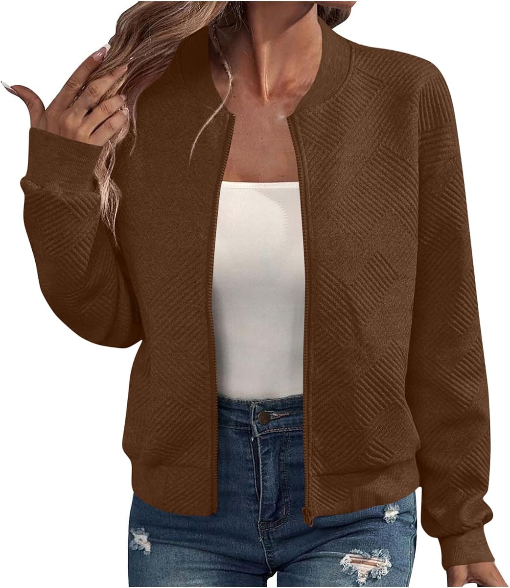 womens cropped bomber jacket textured light zip up fashion fall coat | Classic flight jacket style with zip up front and long sleeve