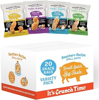 Pork Rinds Variety Pack | Hot Honey, Sweet BBQ, Spicy Dill, Salt & Pepper | 4 Flavors | Southern Recipe Small Batch Chicharrones | Keto Friendly & Low Carb | Snack Bag (20 Count)