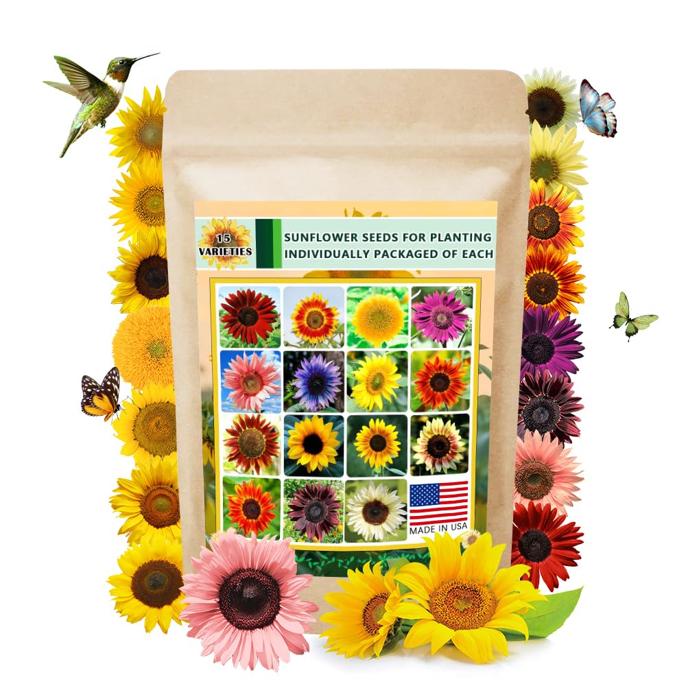 1000+ Sunflower Seeds for Planting Heirloom Non-GMO, Bulk Package of 15 Varieties Mix Seeds, Individually Packaged, Attracts Pollinators (Helianthus annuus)