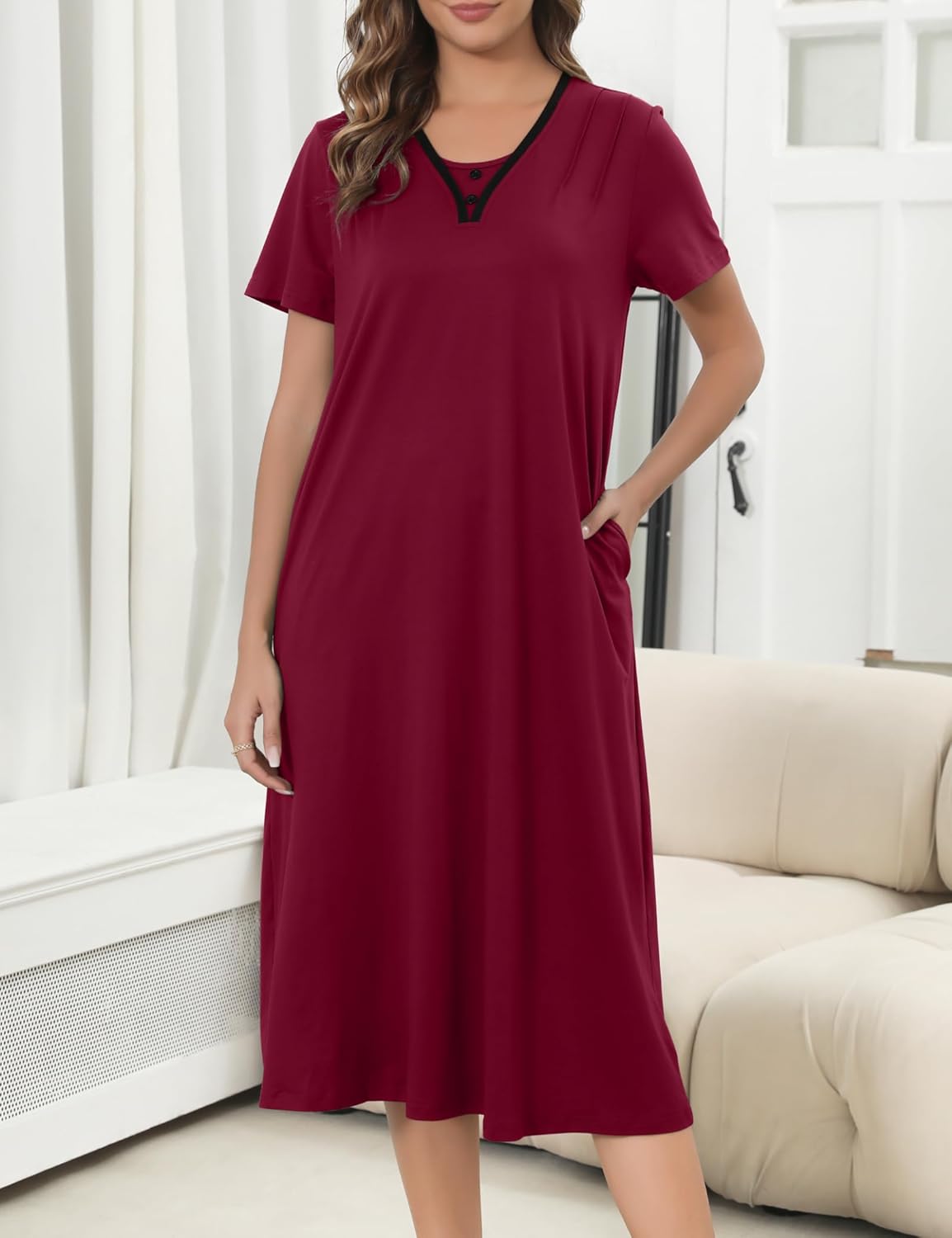 Chunoy Sleepshirt Dress for Womens Short Sleeve Nightgown Button Henley Sleepwear Gown Lounge Night Dress - Image 4