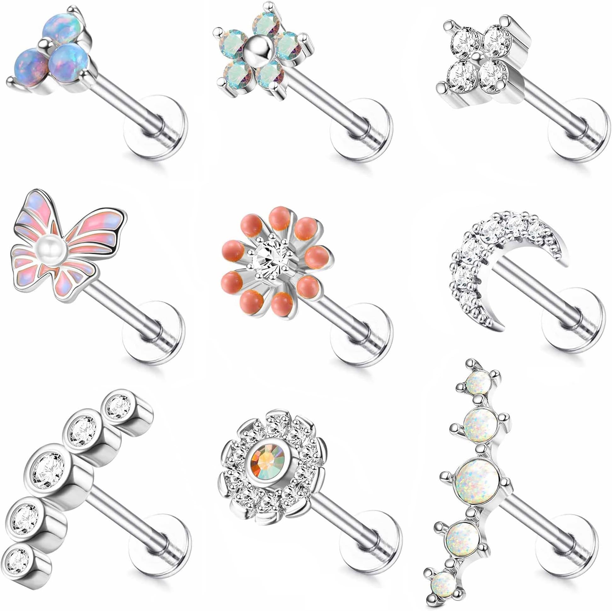 Florideco 9Pcs 16G Cartilage Earrings for Women Stainless Steel Top Screw Flat Back Earrings Butterfly Moon Opal CZ Cartilage Stud Earrings Helix Tragus Conch Labret Lip Piercing Jewelry