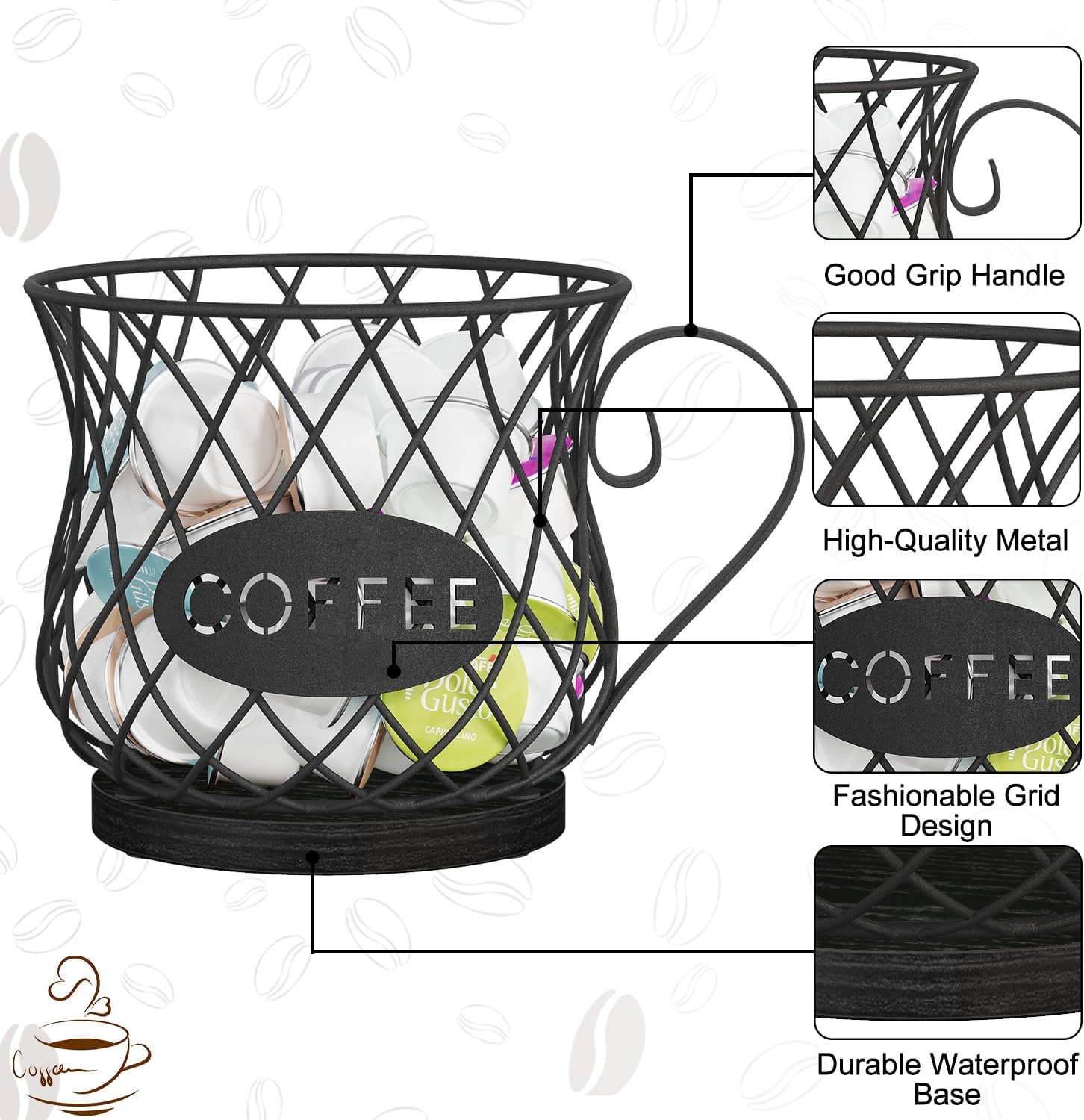 YINMIT K Cup Holder Organizer, Sturdy Coffee Pod Holder Organizer, 35 Kcup Large Capacity Storage Basket for Kitchen Counter and Office Desktop (Black-Circular with Handle)