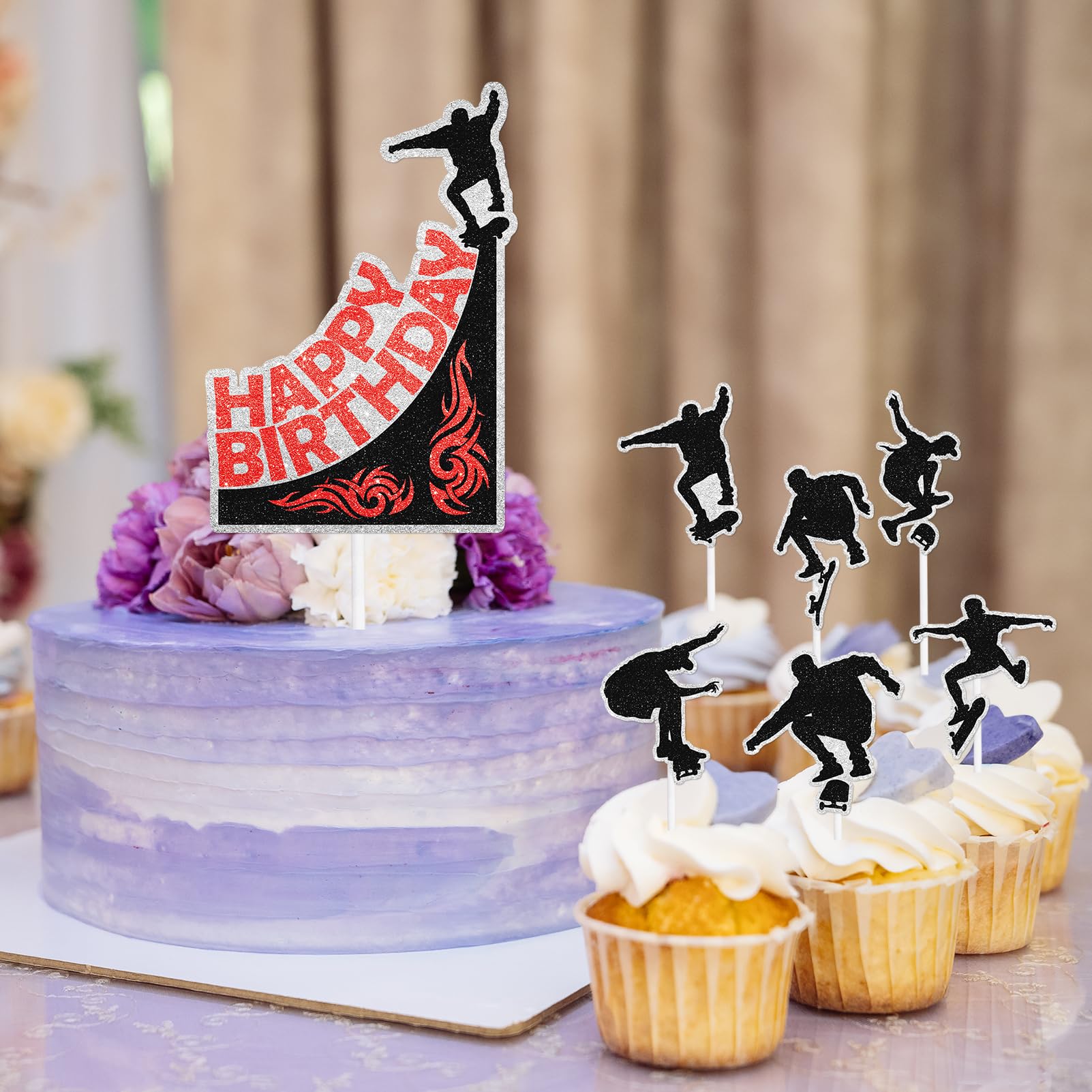 Goldenland Skateboarding Kuchen-Deko – 1 Großer 'Happy Birthday' Topper & 12 Cupcake-Aufsätze