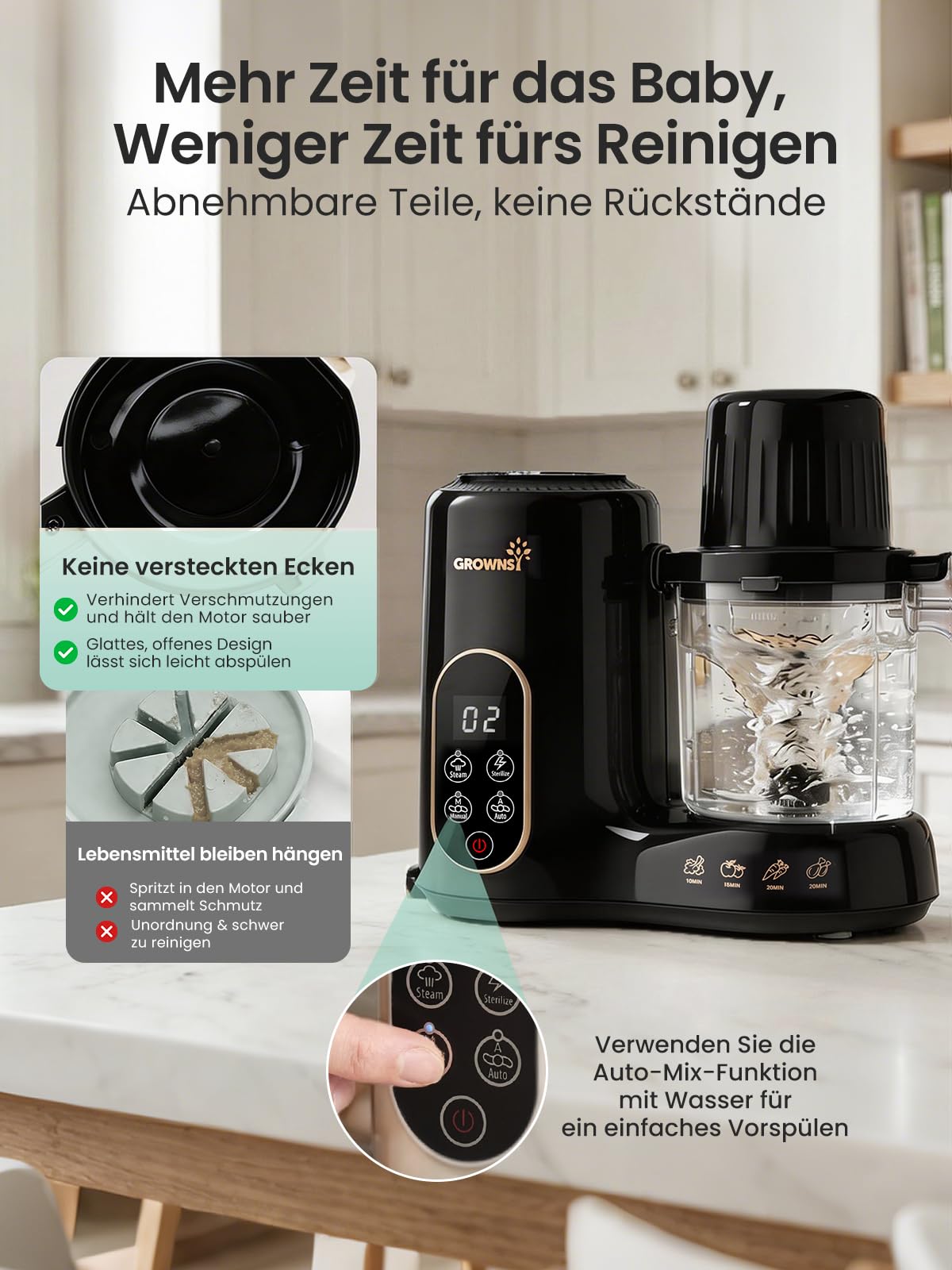 Grownsy Babynahrungszubereiter Dampfgarer Pürierer Sterilisator BPA-frei zweistöckiger Dampfkorb