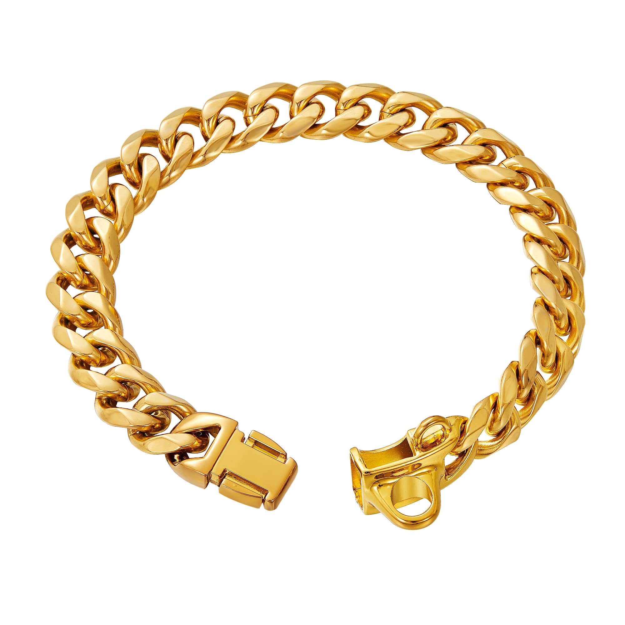 Stainless Steel 18K Gold Dog Collar with Secure Locking Buckle – 15MM Cuban Link Chew-Proof Chain for Small, Medium & Large Dogs