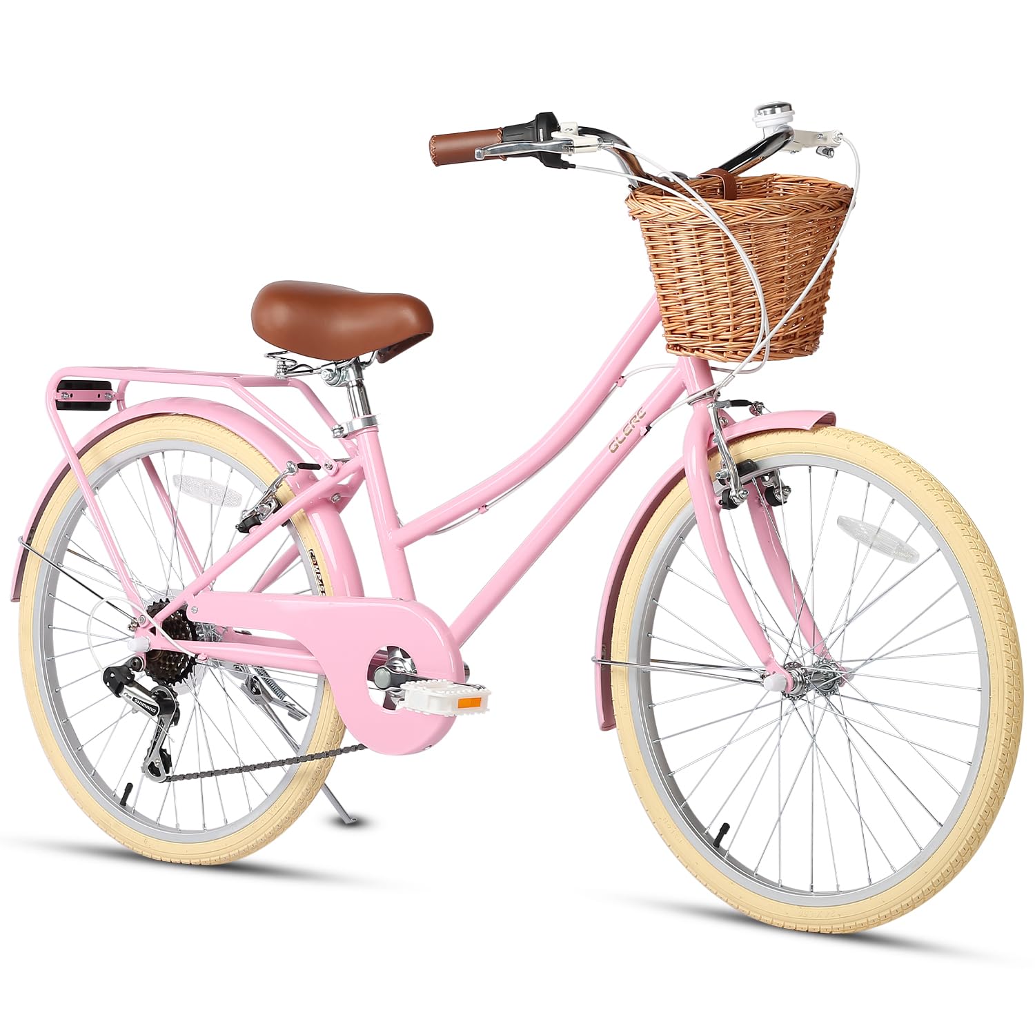 Glerc 20 24 26 Inch Beach Cruiser Bike, 6-Speed Hybrid City Bicycle for Girls Youth and Over 6 Years Old, Missy Bike with Wicker Basket & Lightweight, Multiple Colors