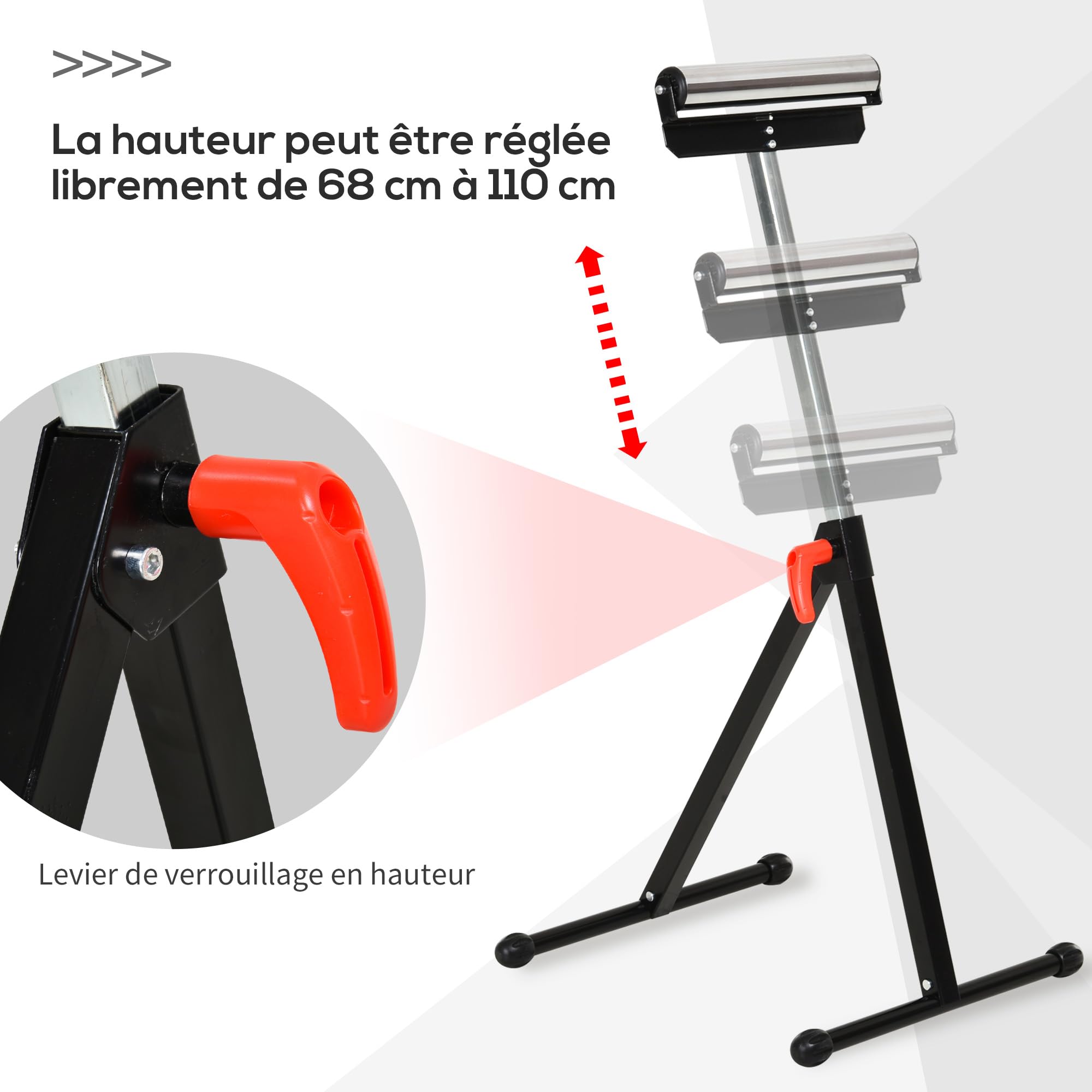HOMCOM Servante d'atelier à rouleau pliable, lot de 2 supports avec rouleau hauteur réglable 68 à 110 cm, charge max. 90 kg, support de rouleau à billes, noir