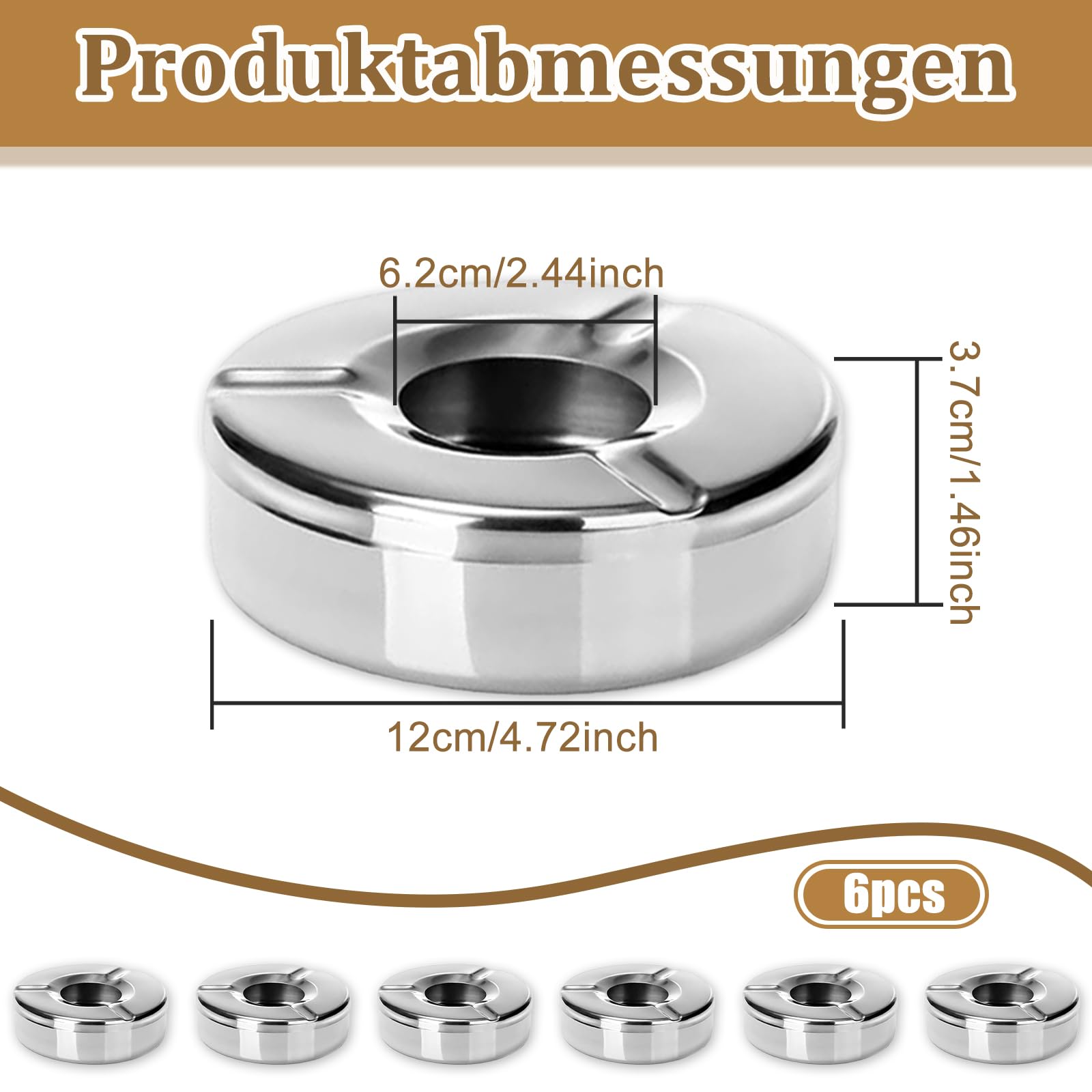 Foonary Posacenere in acciaio inox, 6 pezzi, 12 cm, posacenere con coperchio, moderno da tavolo, posacenere antivento per sigarette, esterni e interni, ufficio, balcone, feste, attività all'aperto