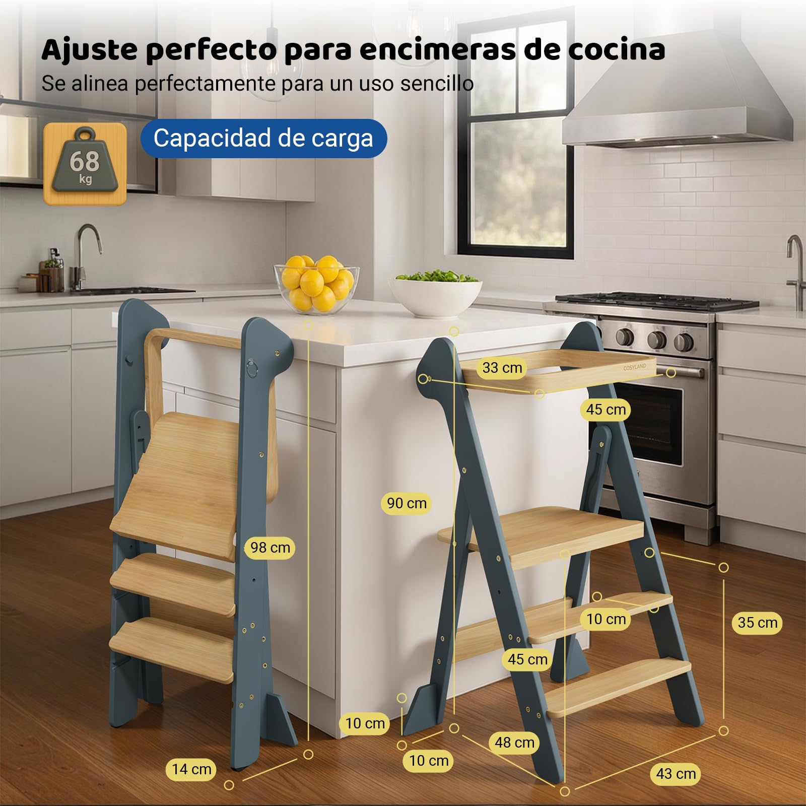 COSYLAND Torre de Aprendizaje Montessori de Madera Plegable Desde 1 Año – Ganadora del Premio iF Design, con Red de Seguridad y Altura Ajustable, Ideal para Cocina y Baño (Azul Pizarra y Natural)