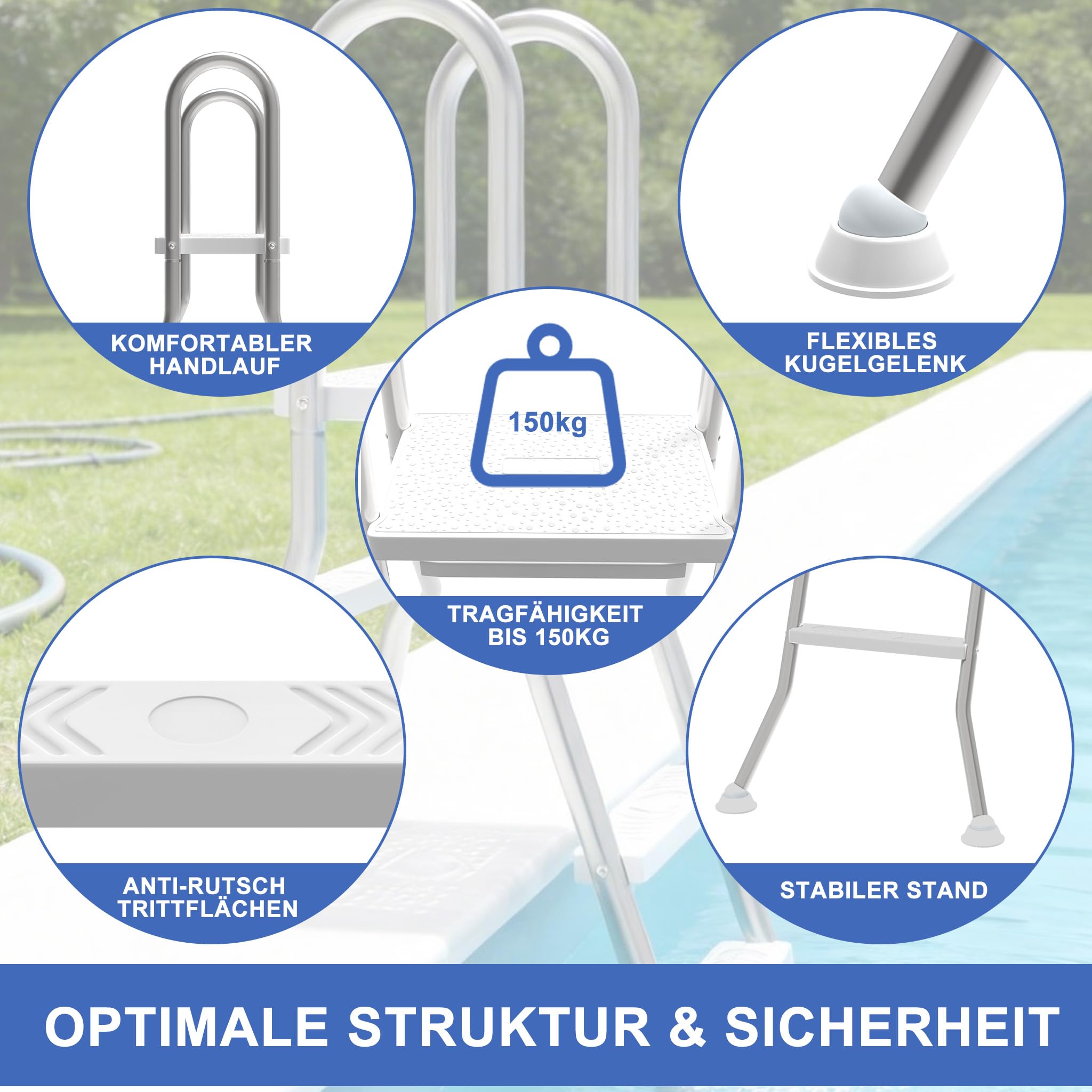 Échelle de piscine 4 marches acier inoxydable 304 antidérapant mobile pour piscines jusqu'à 135 cm profondeur