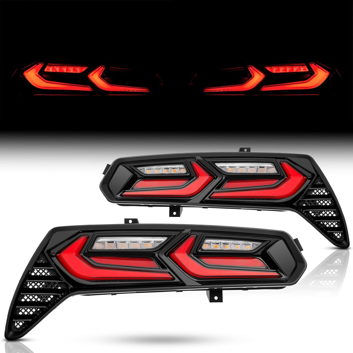 C8 Style LED Tail Lights Assembly for 2014-2019 Chevy Corvette C7 7th Gen Taillights Rear Brake Light w/Sequential Turn Signal Driver & Passenger Side, Black Housing Clear Lens