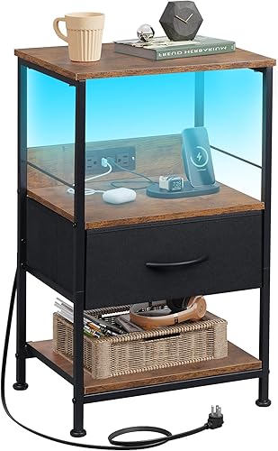 Vista 19 de WLIVE Mesita de noche blanca, mesita de noche con cajón de almacenamiento de tela y estante de madera abierto, mesa auxiliar lateral pequeña, mesita