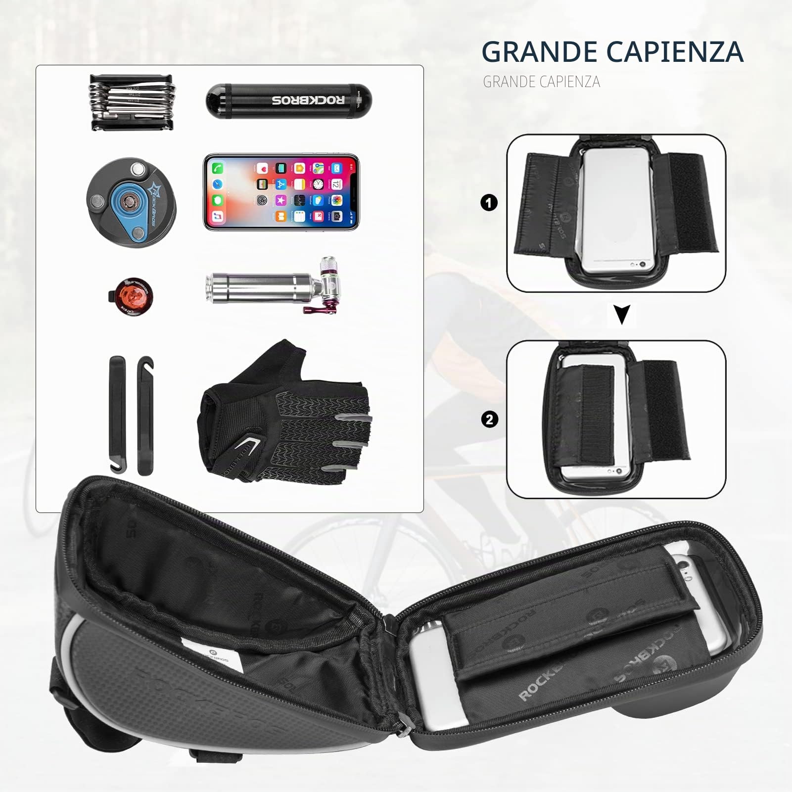ROCKBROS Borsa da Manubrio Bici Impermeabile, Porta Cellulare per Bicicletta MTB, Borsa Porta Telefono, Smartphone sotto 6.5" Inches, TPU Touchscreen Sensibile, Grande Capacità1L, Accessori Bici