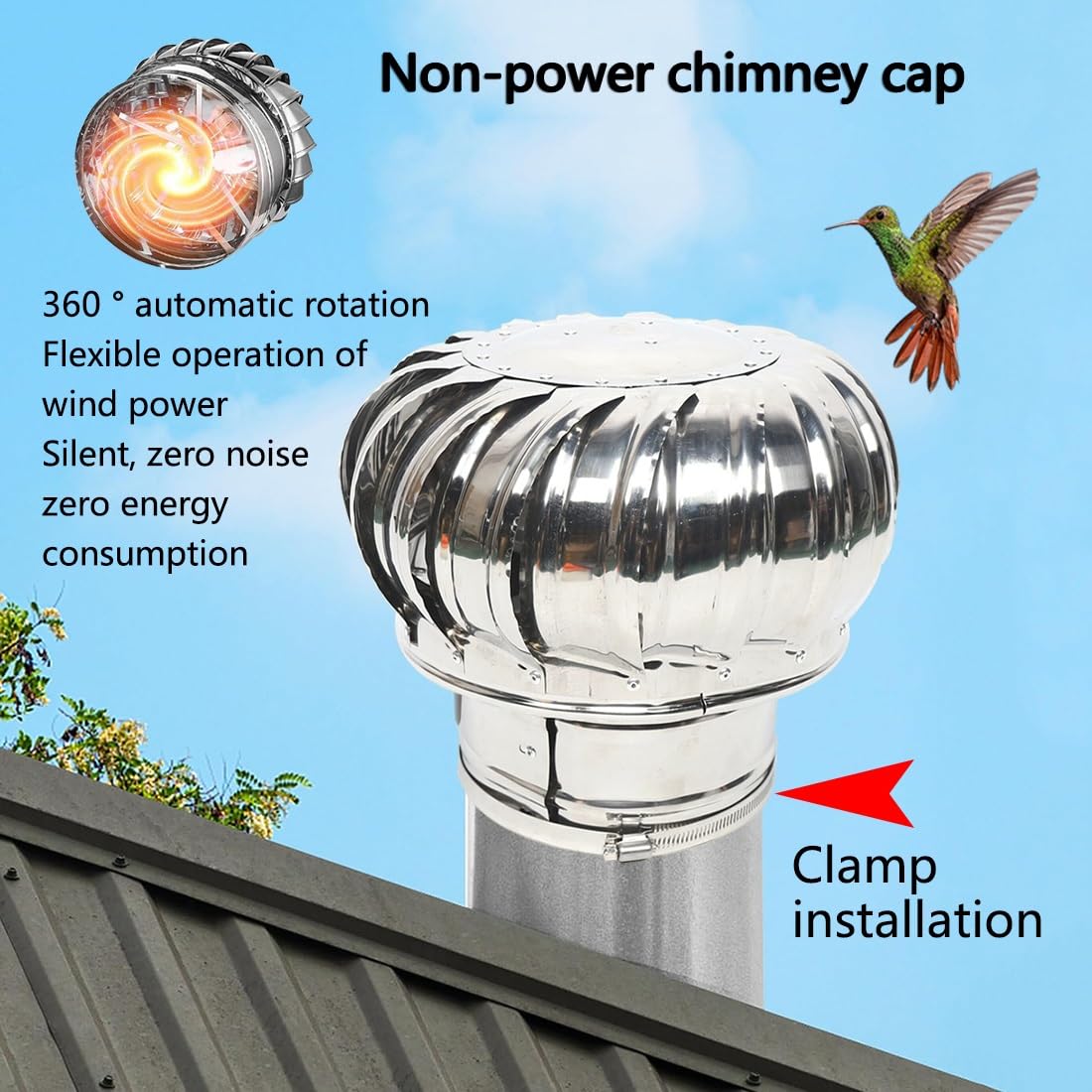 Sombrero Extractor De Humo 75 100 110 150 160 200 250 Mm Tapas Para Chimenea De Techo De Acero Inoxidable 201, Sombrerete De Chimenea Giratorio Con Abrazadera(250 mm/9.9 in)