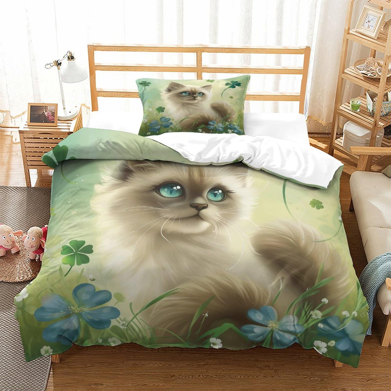 OFLAMIRUX Cat Duvet Cover Sets 3 PCS Hotel Quality Quilt Cover Bedding Sets Bed Covers with Pillowcases with Zipper Closure Hypoallergenic Soft Breathable Microfiber Single（135x200cm）