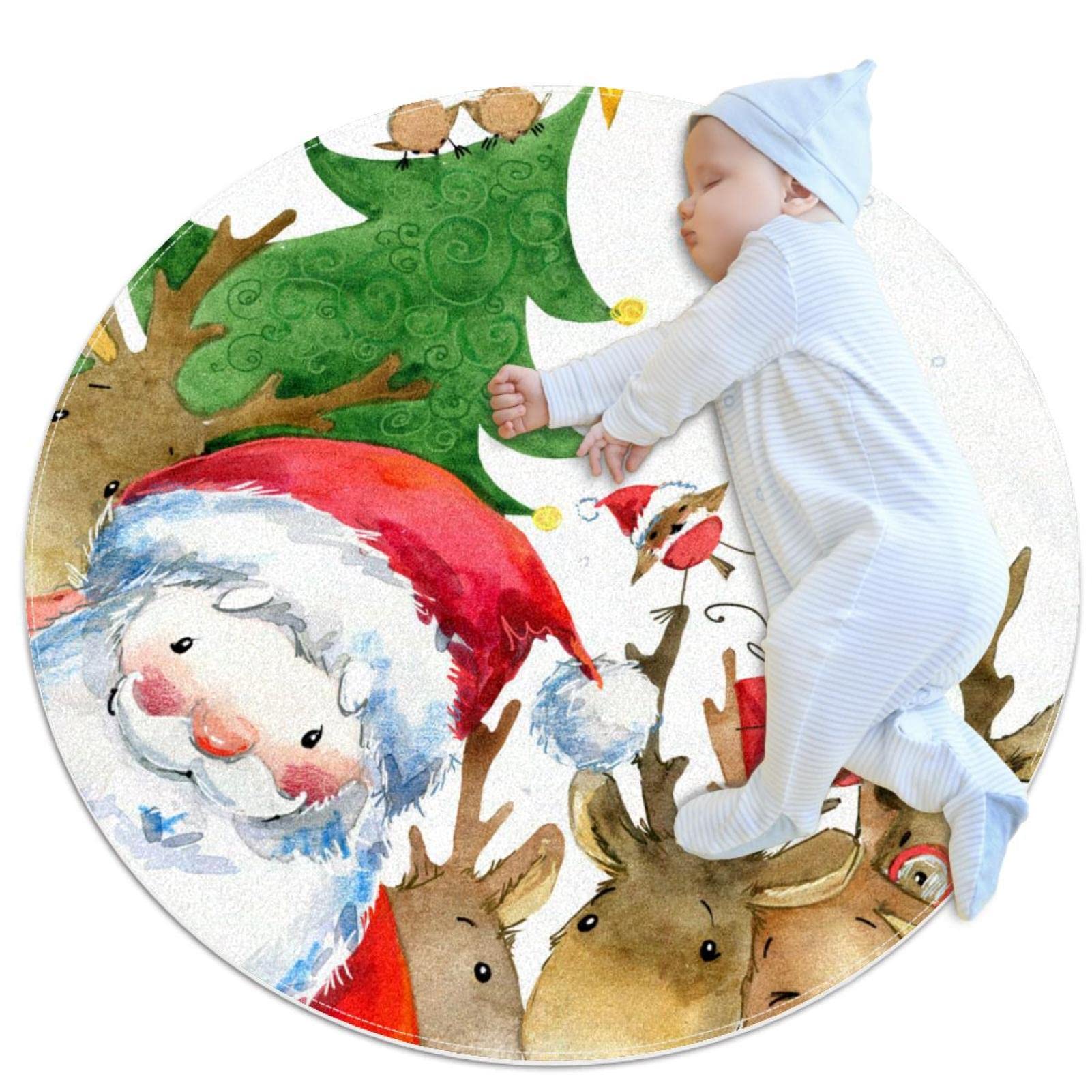 Tapis rond pour enfants antidérapant et doux motif cerfs Joyeux Noël 80x80cm