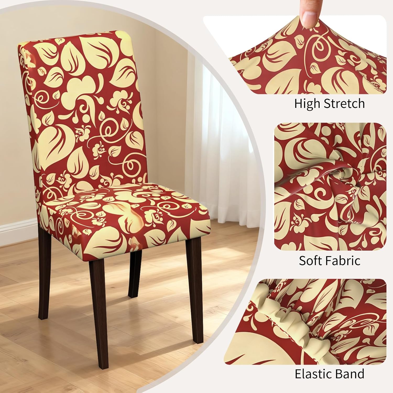 Chair Covers Dining Room Set of 6,Printed Patterned Stretch Non Slip Chair Slipcover Removable Washable Kitchen Chair Protector Cover for Home Hotel Banquet Party Office (Red Yellow Curve Pattern)