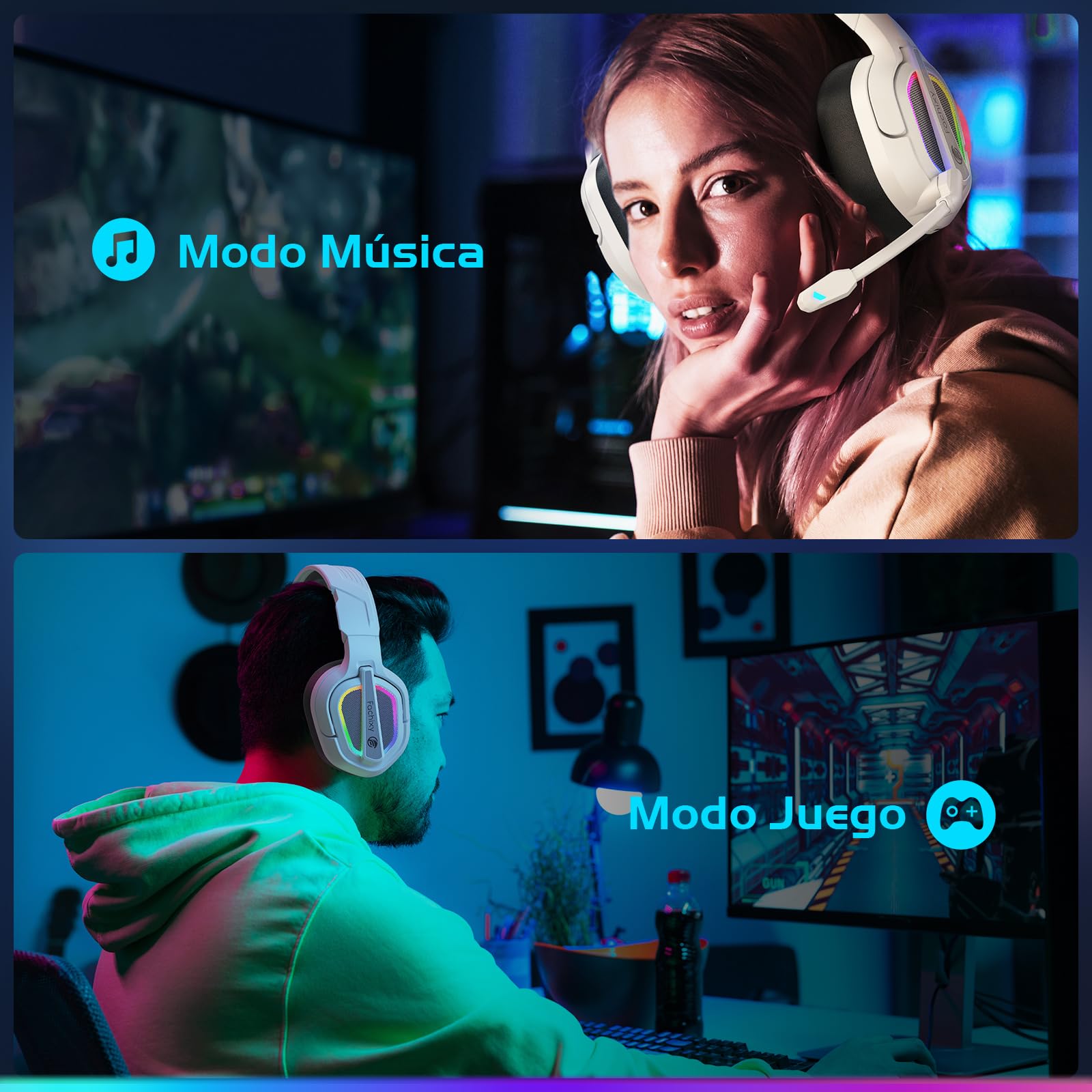 Fachixy「2025 Nuevo」FC200 Cascos Gaming Inalámbricos para PC, PS5, PS4, Auriculares Gaming Inalámbricos de 2,4GHz Wireless+Bluetooth - Baja Latencia, Duración 40Hr+, Luces RGB (Blanco-Negro)
