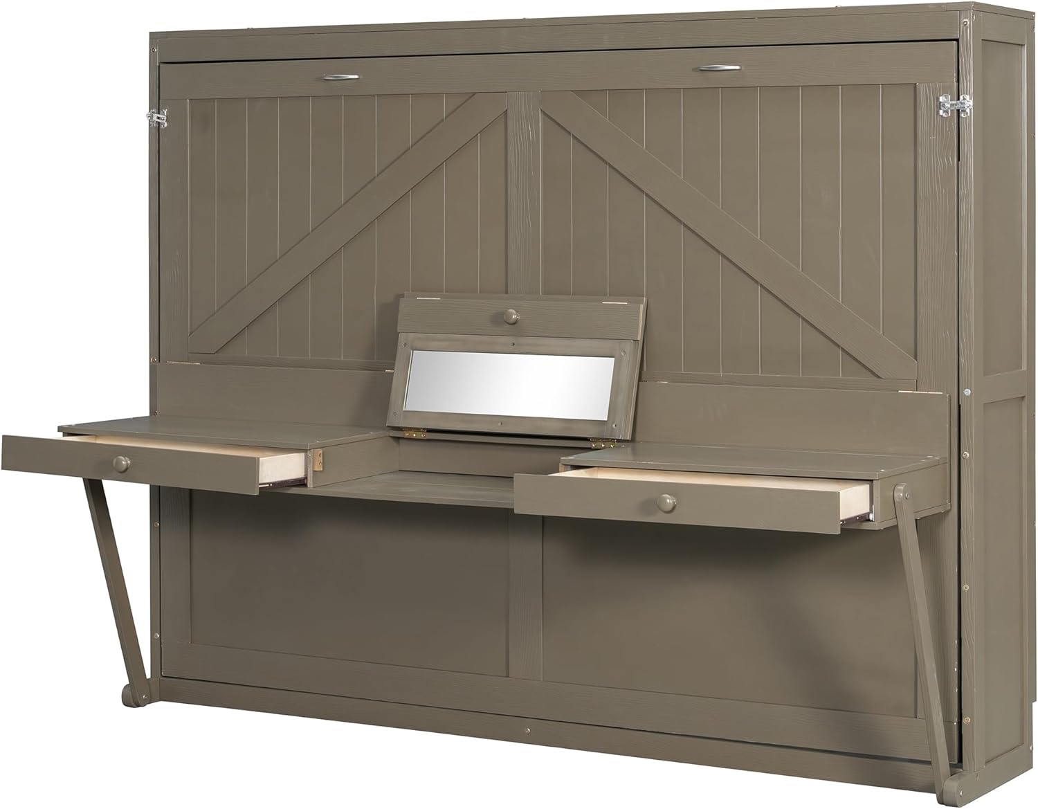 Merax Queen Size Murphy Bed with Vanity Desk, Foldable Murphy Cabinet Bed with Center Mirror and 2 Side Storage Drawers, Sturdy Wood Space-Saving Hidden Wall Bed Cabinet for Guest Room Office, Gray