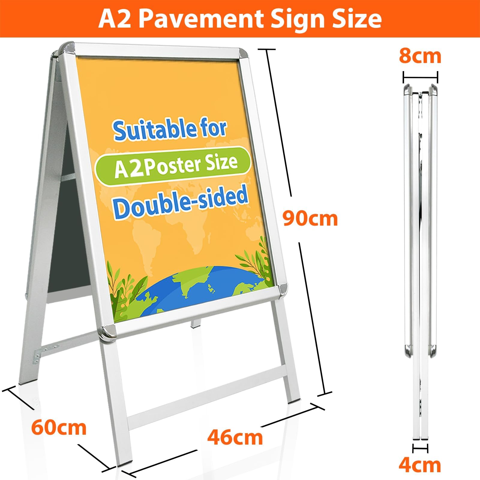 Letrero A2 A-Board Pavement, Caballete Publicitario Exterior, Tablero de póster de doble cara con marco de aluminio para soporte de exhibición, plateado