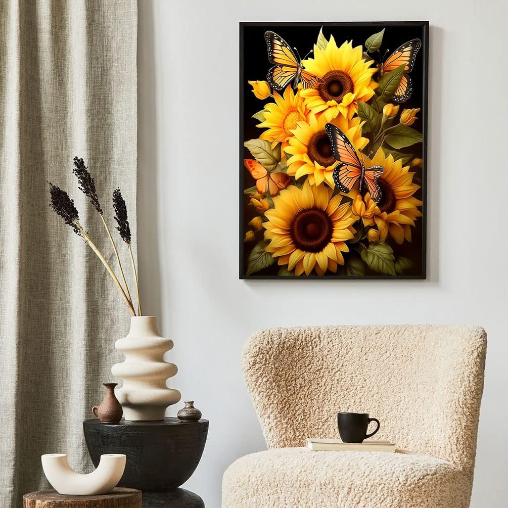 Sunflower Diamond Painting Kits for Adults, 12x16 Inch DIY Paint by Numbers for Adults Beginner, DIY Full Drill Diamond Dots Paintings Picture Arts Craft for Home Wall Art Decor (Yellow Butterfly)