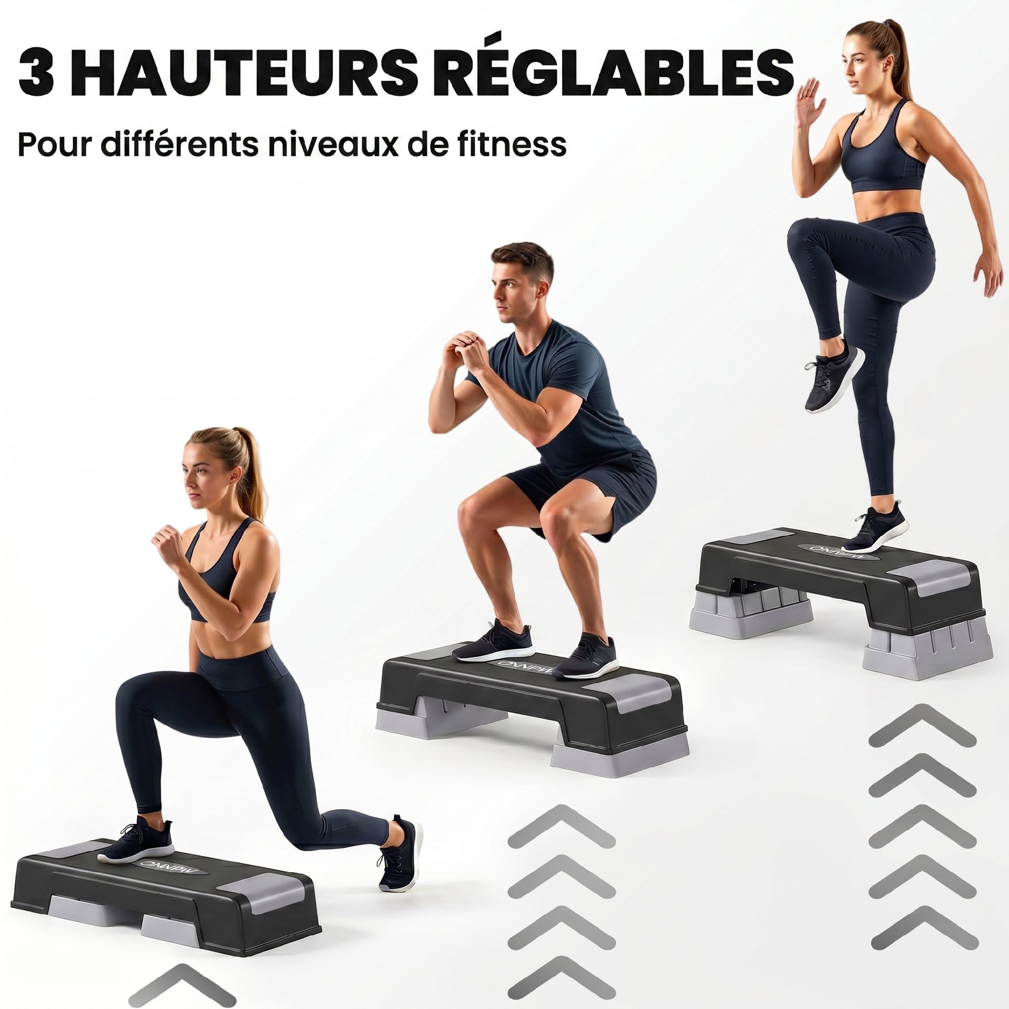 SPORTNOW Stepper Fitness Aérobic 3 Niveaux, Hauteur Réglable 12/17,5/22,5 cm, Surface Antidérapante, Charge 250 kg, Stepper Aérobic pour Maison et Salle de Sport, Gris