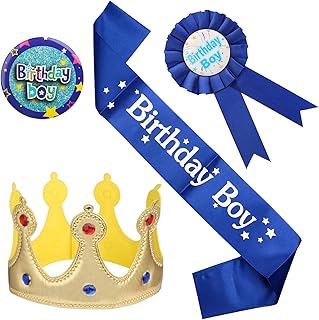 4PCS Birthday Boy Badge King Crown Tiara Birthday Boy Ribbon Medal and Sash Decorations Set for Boys Party Supplies
