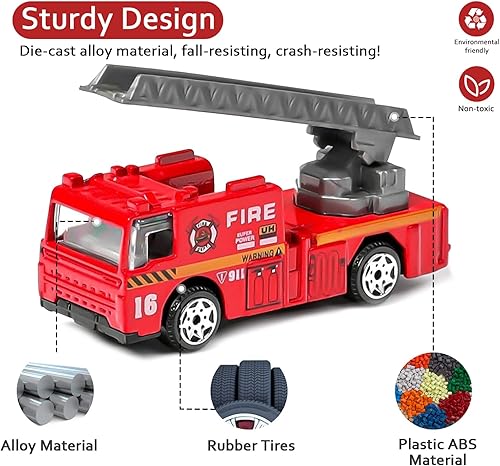 Miniatura 4 de Camión de bomberos de juguete para niños, 6 piezas fundidas a presión, 20 calcomanías para camión de bomberos, helicóptero, camión de escalera,
