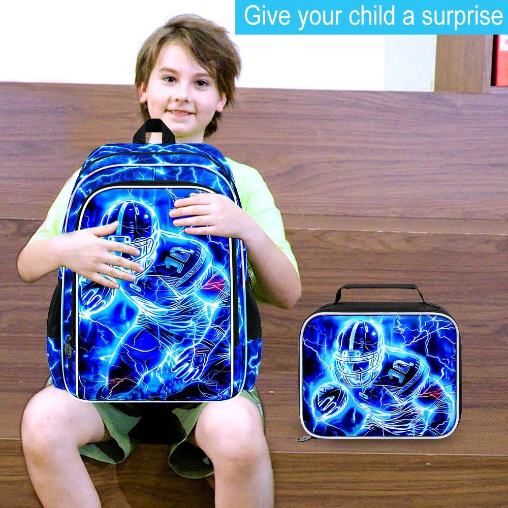 17" Football Backpack for School, Kids Boys Lightning Bookbag with Lunch Box, 3Pcs Backpacks for Elementary Preschool Kindergarten (Blue)