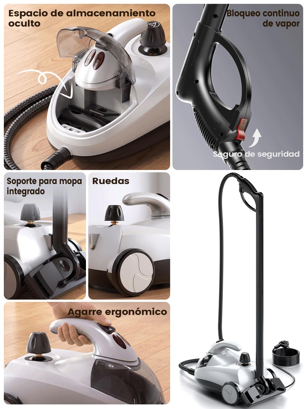 Limpiador de Vapor Portátil 2000W, 16 Accesorios, Blanco perla | Depósito 2L, 135°C Alta Temperatura, 60 Min de Vapor, Alcance 5,3 m, Para Hogar, Juntas, Sofá, Baño y Coche