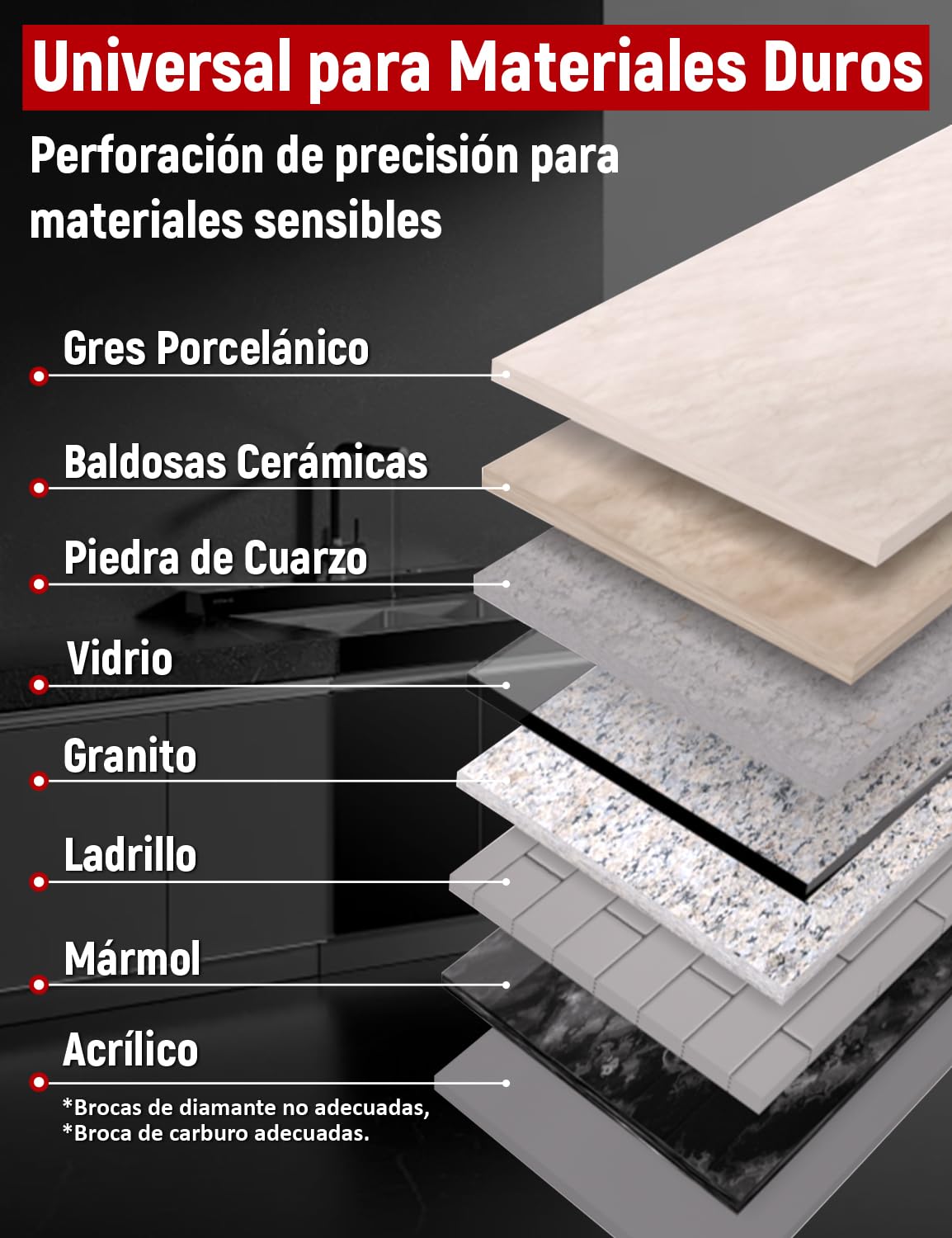 6PCS Brocas para Porcelanico,1/4"Vástago Hexagonal,Ø5/6/8/10/12mm | Brocas Diamante & 6mm Broca de Carburo, para Azulejo Cerámica, Cuarzo, Vidrio, Granito, Ladrillo, Mármol, Porcelana,Gres fino