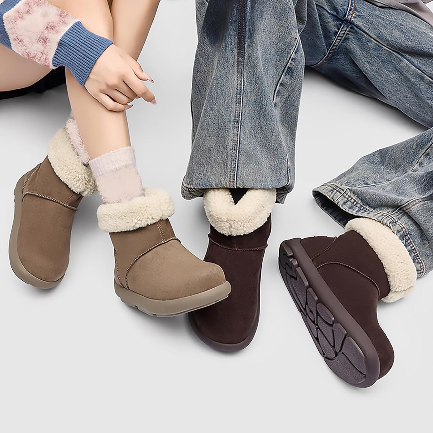 Women's Warm Fur Lined Snow Boots Comfort Soft Plush Wide Toe Suede Ankle Boots Fashion Casual Winter Slip-On Office Short Booties for Outdoor Indoor Walking