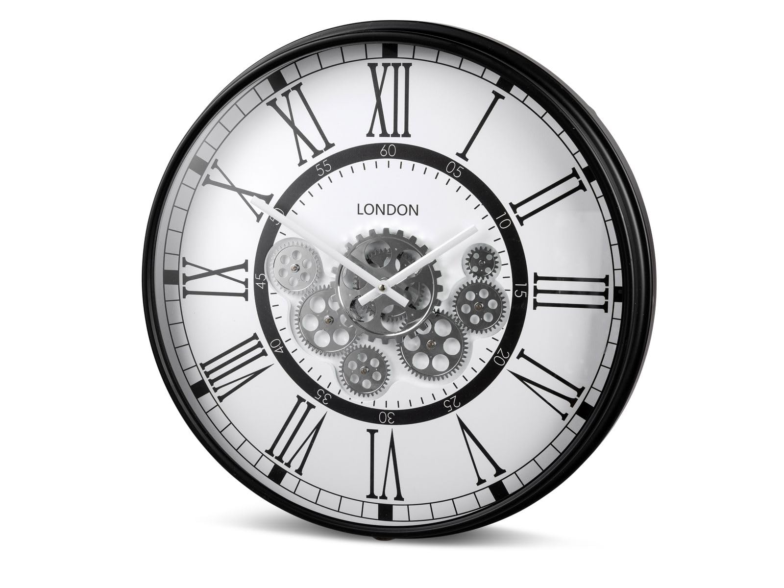 Kremers Schatzkiste Moderne Wanduhr London mit Beweglichen Zahnrädern 54cm, Silber-Schwarz, Metall
