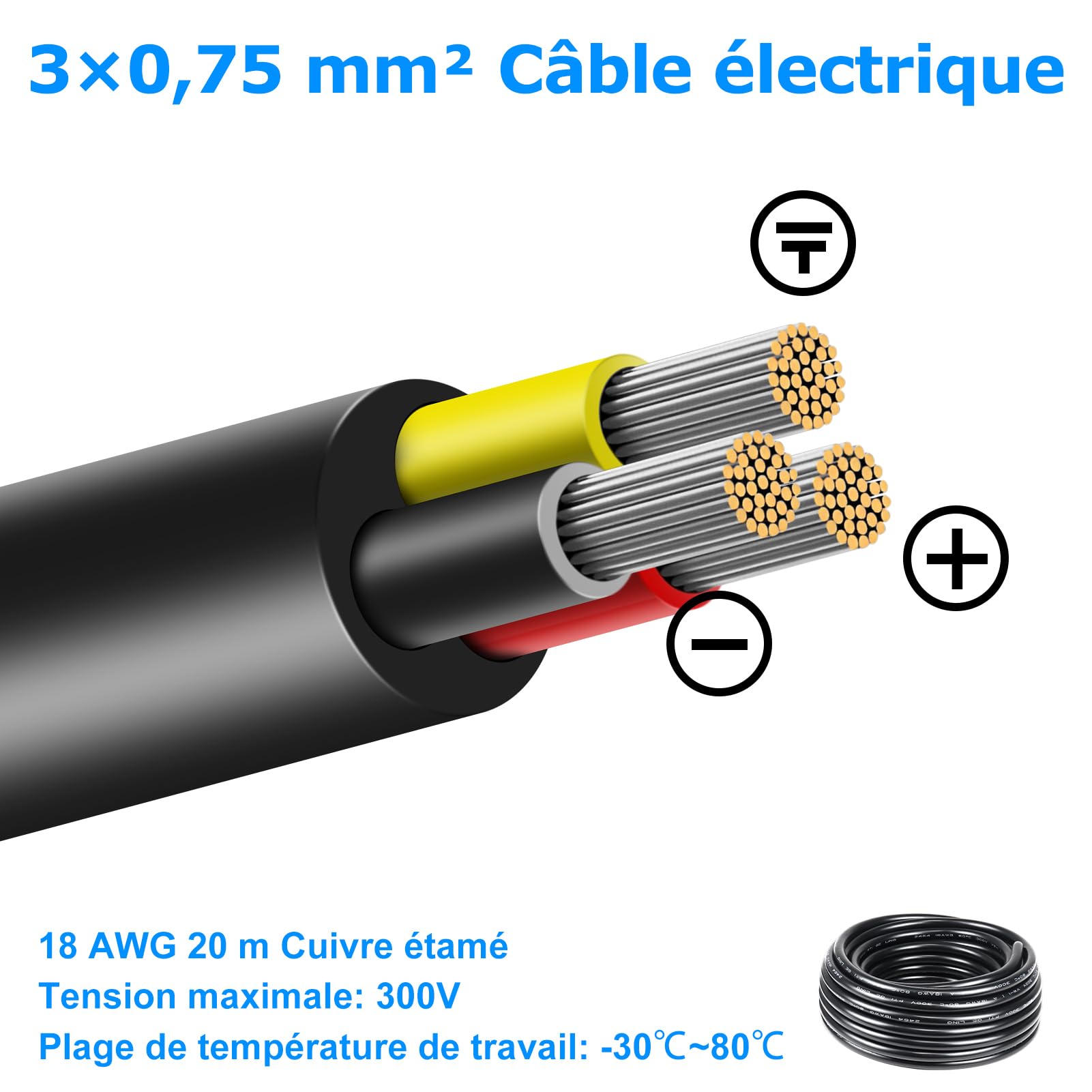 Cable Eléctrico 20 Metros 18 AWG 3x0,75mm², Cable de 3 Conductores 5V/12V/24V/220V, Cobre Estañado, Flexible y Flexible, Baja Impedancia, Alta Resistencia a la Temperatura, Cable de Extensión