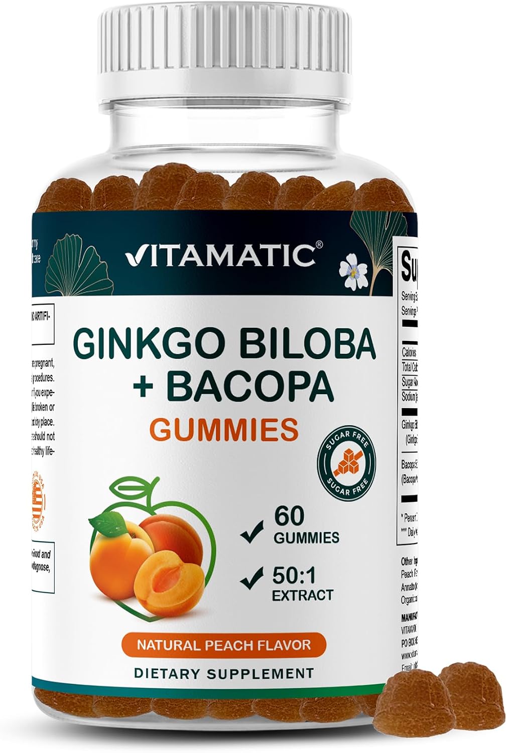 Vitamatic Ginkgo Biloba & Bacopa Gummies – Plant-Based Botanical Extract – Natural Peach Flavor – Vegan, Non-GMO, Gluten-Free – Herbal Supplement – 60 Count