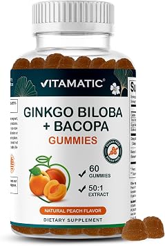 Vitamatic Ginkgo Biloba & Bacopa Gummies Plant-Based Botanical Extract Natural Peach Flavor Vegan, Non-GMO, Gluten-Free Herbal Supplement 60 Count