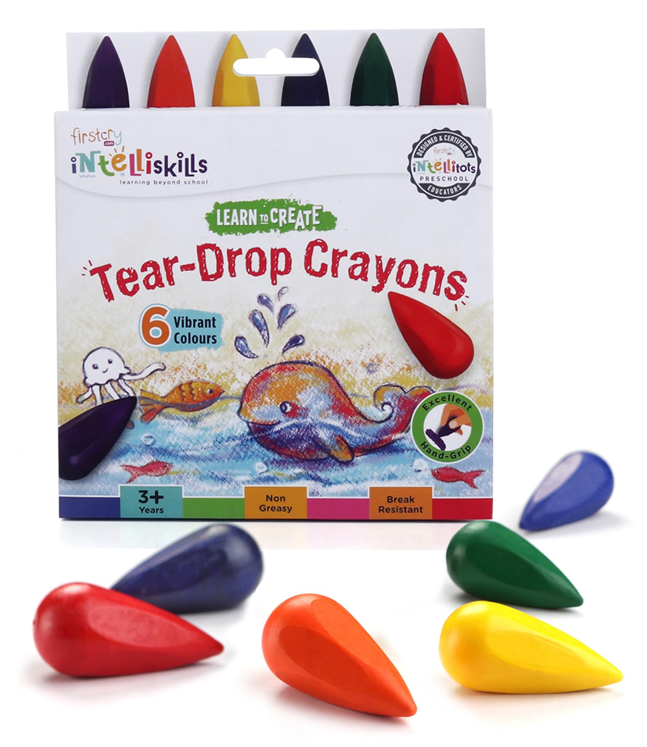 FIRSTCRY INTELLISKILLS Intelliskills Premium 6 Pcs Tear Drop Grip Crayons For Kids | Non-Breakable & Non-Greasy Crayon Colouring Set For Boys & Girls | Multicolour