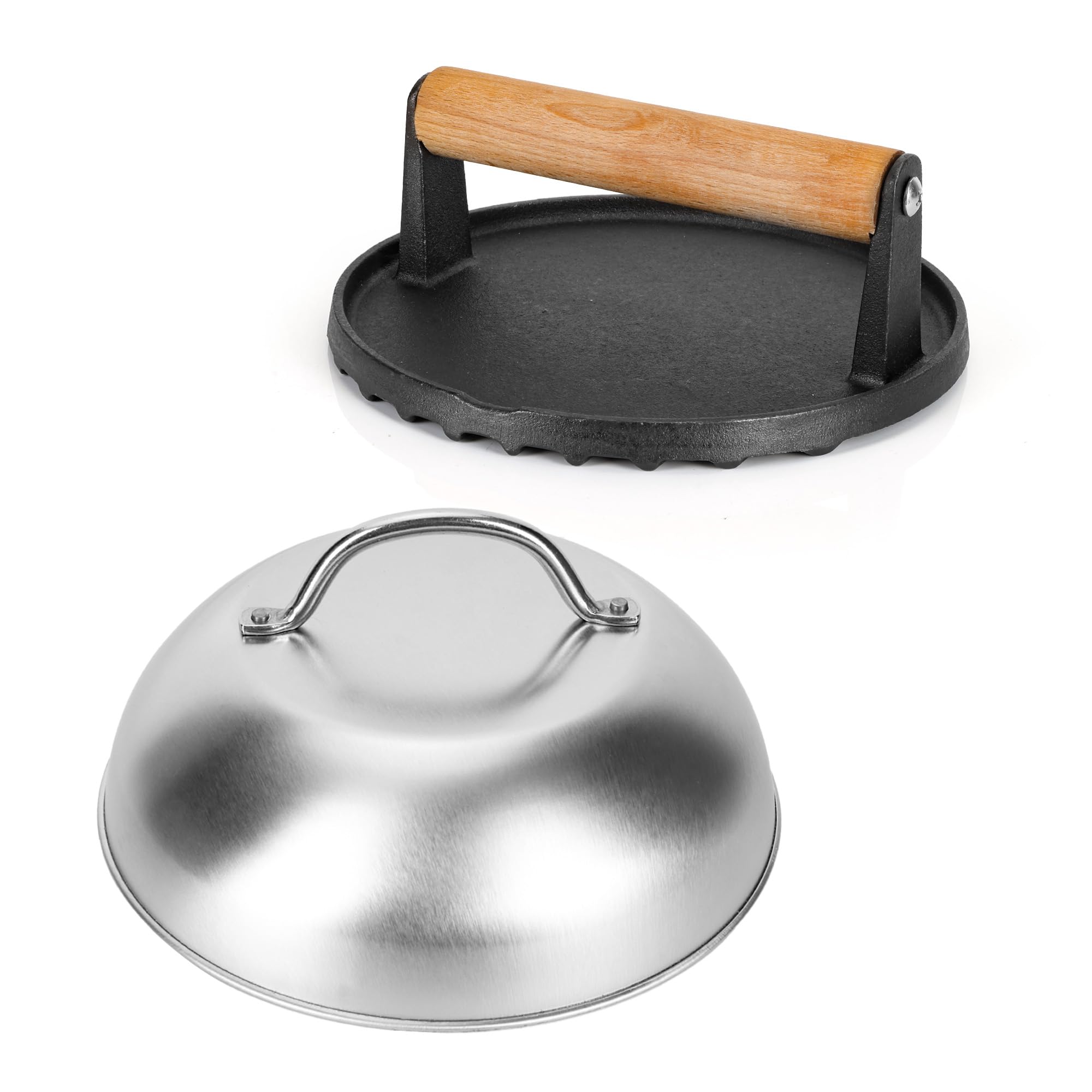 WeeGoo 7 inch Cast Iron Smashed Burger Press and 9 inch Stainless Steel Melting Dome, Heavy Duty Wooden Burger Press with Wood Handle, Round Cast Iron Meat Presses for Flat Top Griddle Grill Steak
