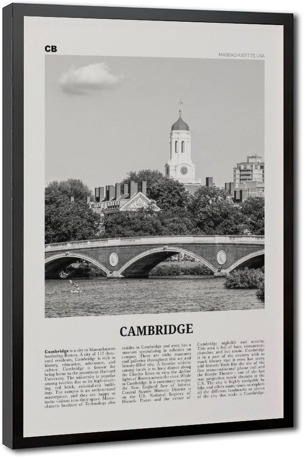 Cambridge Print Black And White Massachusetts Wall Art Poster Photo Décor USA Posters Prints Canvas Decorations Paintings Abstract Wall Art For Living Room Bedroom Office Black Hanging Frames 16x24in