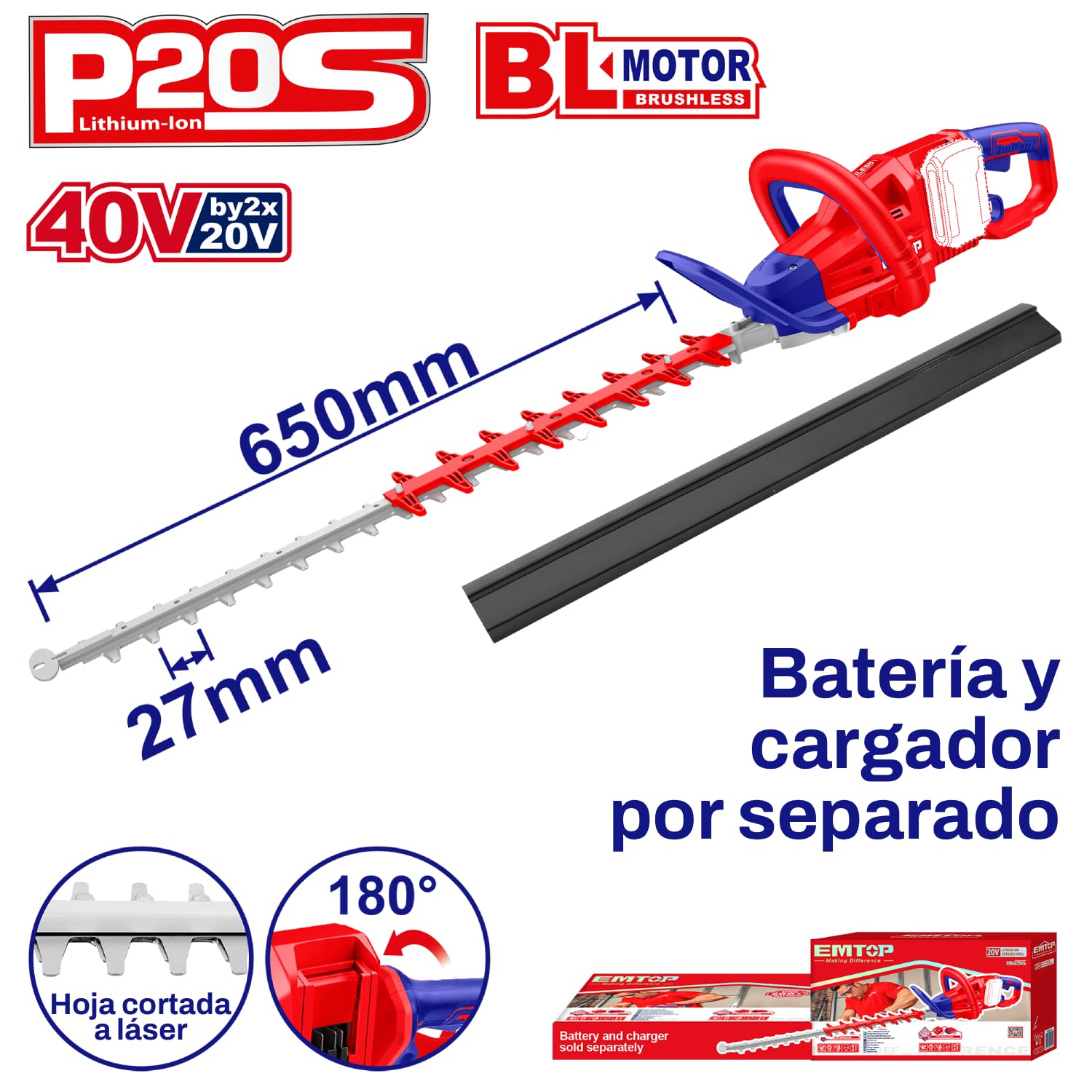 EMTOP - Cortasetos | 40V (20V+20V) | 3600 RPM | Distancia Entre Cuchillas 27 MM | para Poda y Mantenimiento de Setos, Arbustos y Vegetación de Jardín | Diseño Robusto