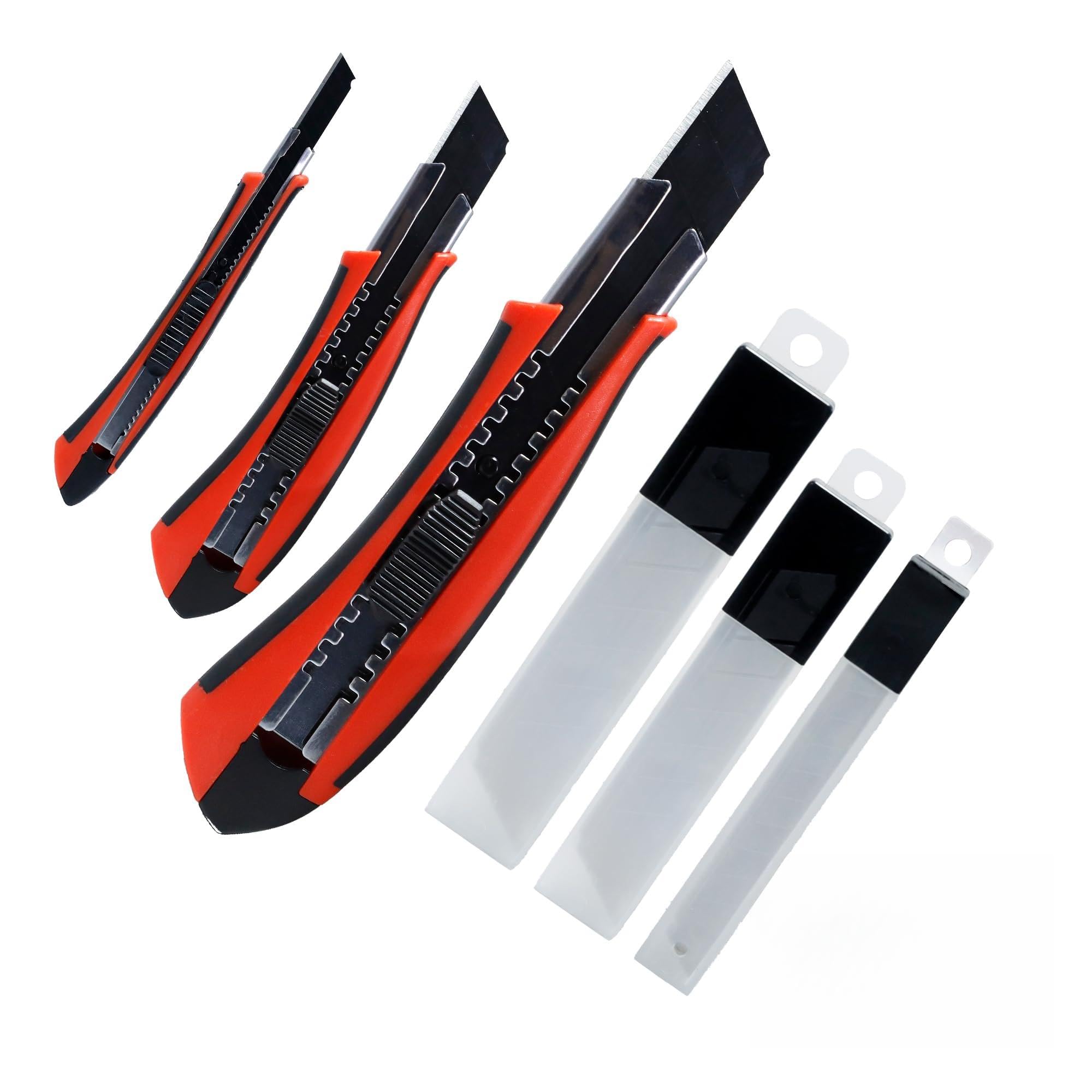 CCLIFE Cuttermesser Set 6 Alu Griff Messer 9/18/25mm 60 SK5 Klingen Büro | Profi Kartonmesser mit rutschfestem Aluminiumgriff, arretierbaren SK5-Klingen und verstärktem ABS-Gehäuse