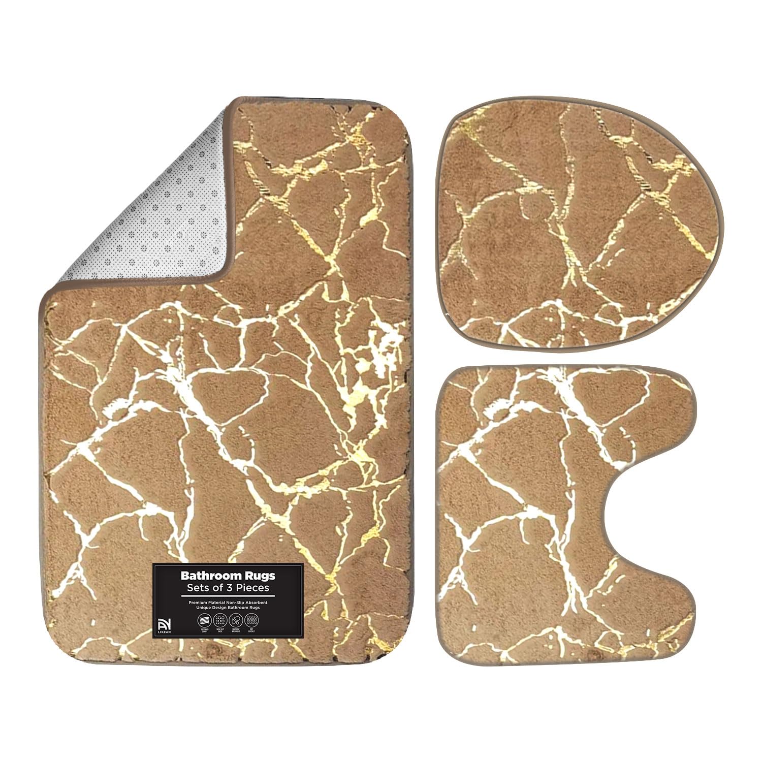 LIKEAN 3-Piece Bathroom Rug Set, Polyester Memory Foam Bath Mats| Non-Slip, Machine Washable Bath Rug, Contour Mat and Toilet Lid Cover| Quick Drying| Ultra Soft Rugs (Brown)