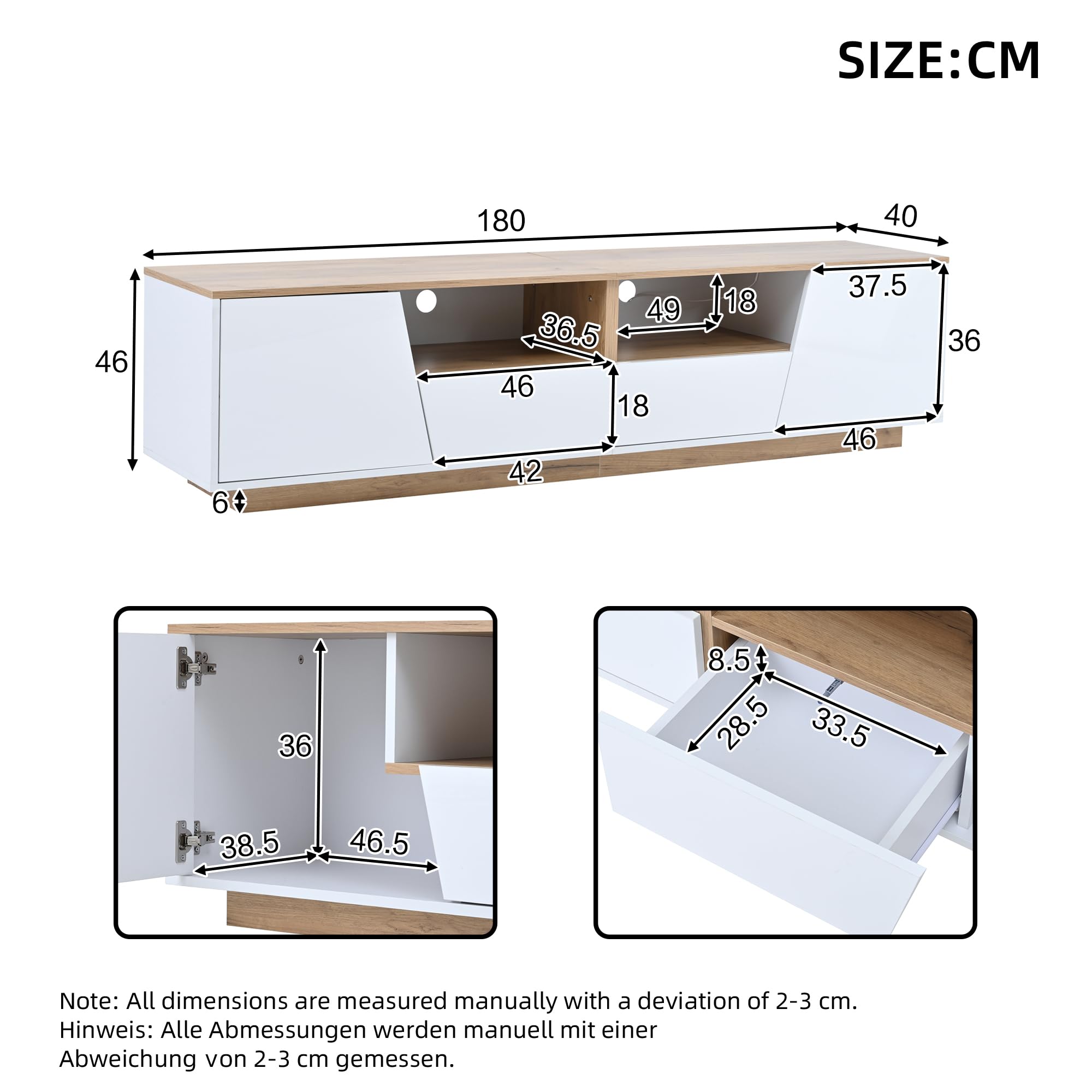 MURUL Armadio per TV, 180 x 40 x 46 cm, con 2 cassetti e 2 armadi, con LED, per TV e TV da 75 pollici, bianco + colore legno