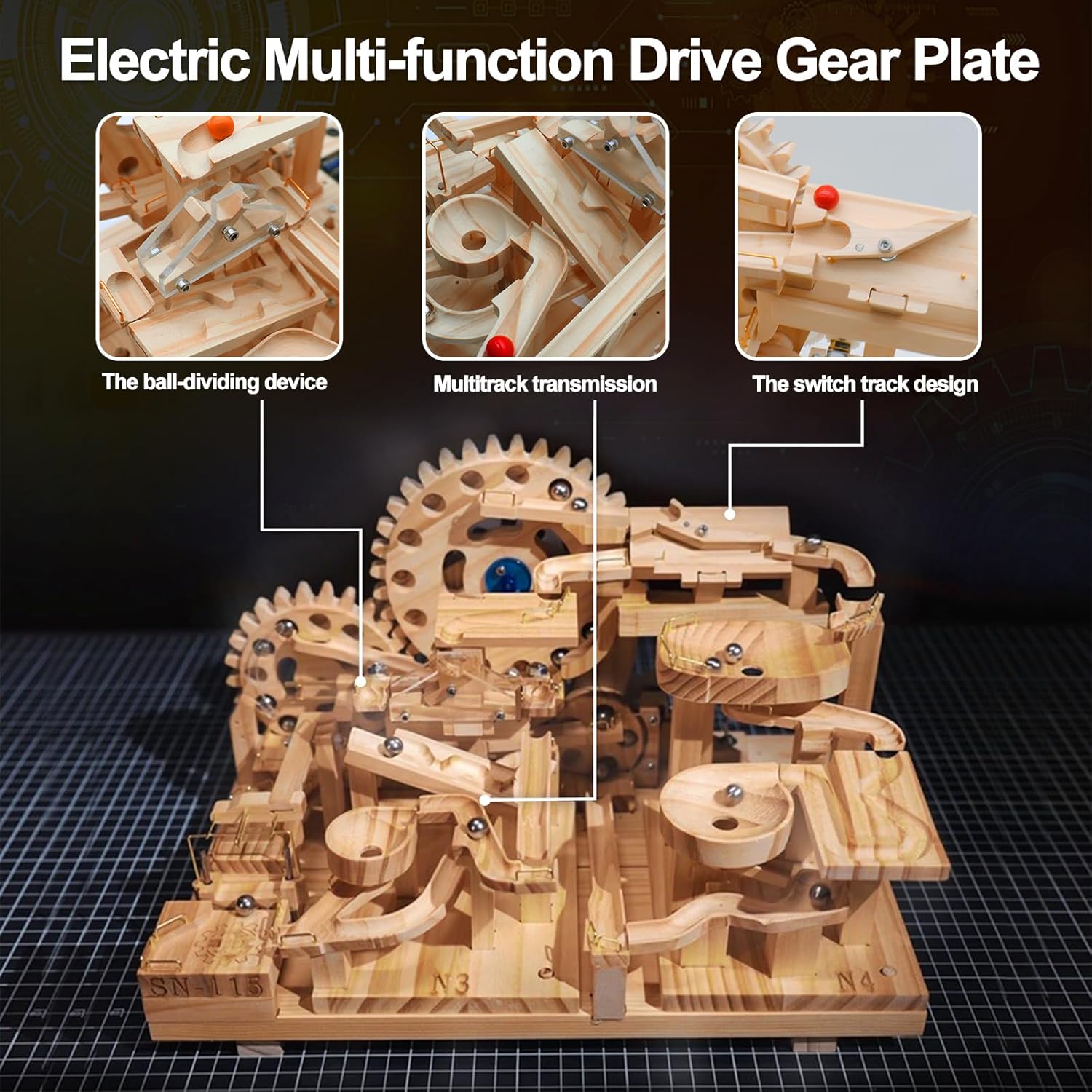 Wooden Marble Run Electric Motorized, Electric Marble Run Brain Teaser Wooden Puzzles Building Toy with 46 Blocks and 23 Marbles, 3D Wooden Puzzles Kit for Adults and Kids to Build