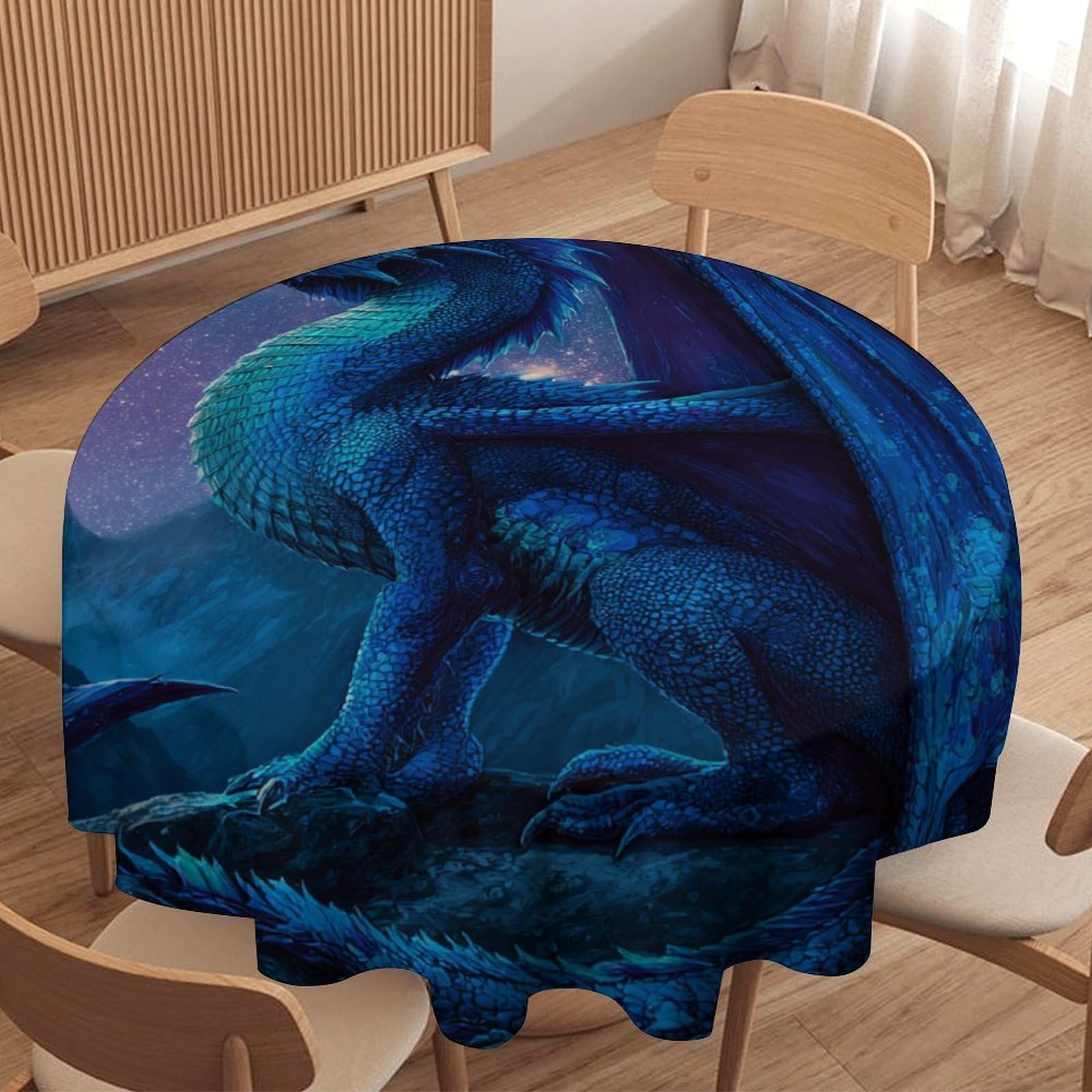 LUYYSKY Classic Abstract Mythical Dragon Waterproof Round Tablecloth Modern Vintage Galaxy Fantasy Animal Western Dragon Print Washable Table Cover for Kitchen-177.8" Wx177.8 L cm