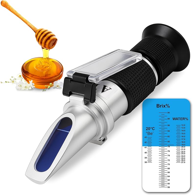 3-in-1 Honey Refractometer with ATC – Brix 58-90%, Baume 38-43%, Moisture 12-27% – Easy to Calibrate, Reliable, and Accurate Tester for Honey, Maple Syrup, Molasses, and More – Ideal for Beekeepers