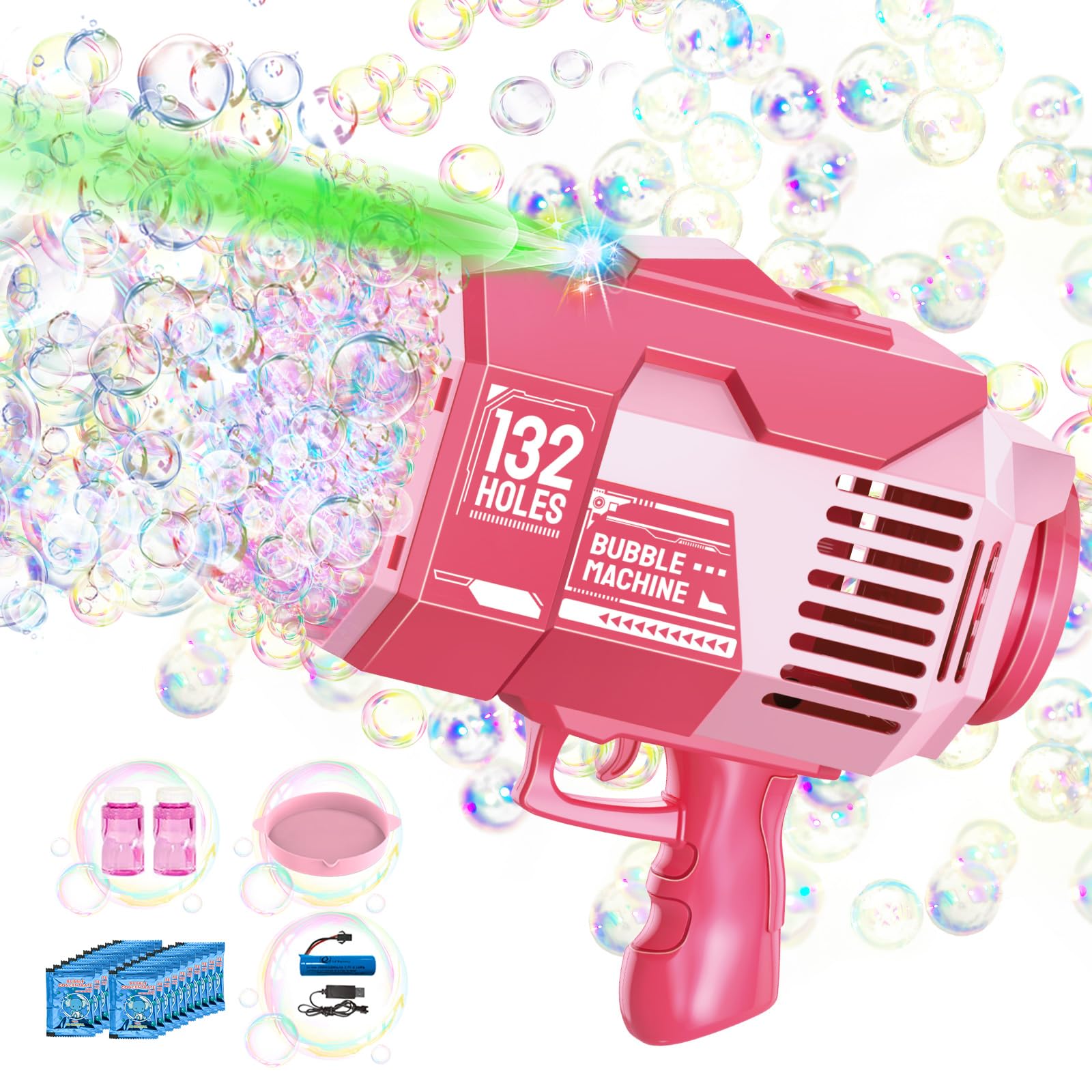 Bazooka Bubble Gun - Upgraded 132 Holes Bubble Machine Gun, Rocket Bubble Machine with Light & Bubble Solutions, Summer Toys Bubble Blaster Maker for Kids, Wedding, Birthday Gift, Party Favors - Pink