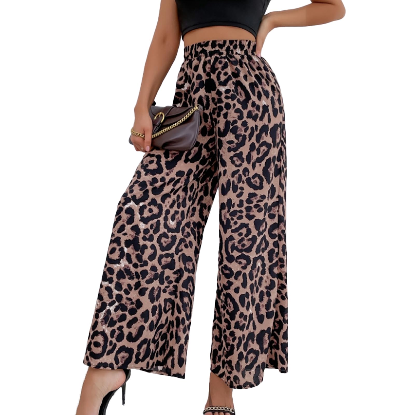 Womens Leopard Pants Elastic High Waist Wide Leg Trousers with Pockets Casual Streetwear 2026 Fall Leopard Pants