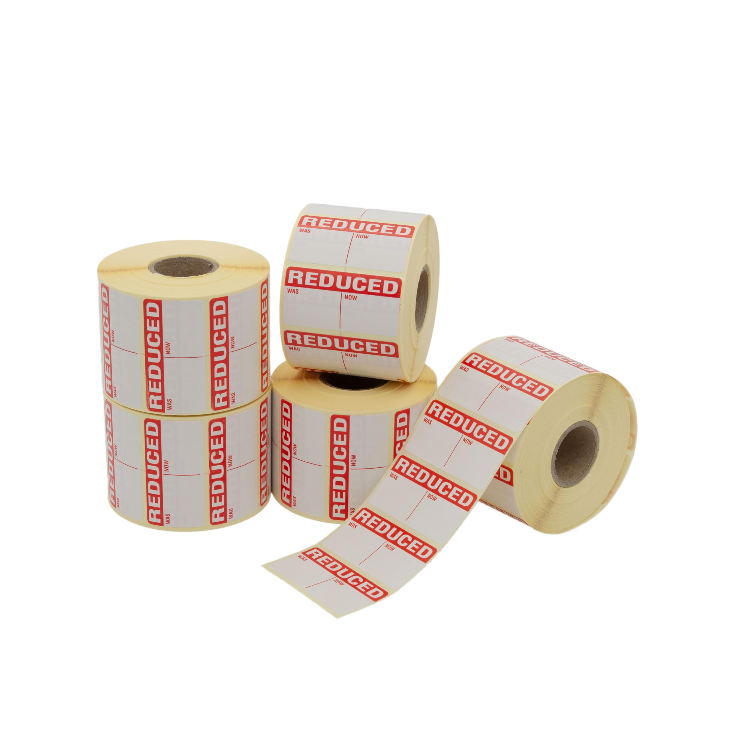 Pack of 5 Rolls - 'Reduced - was/Now' - 50 x 25mm - Retail Labels/Stickers. Ideal for retailers. 1,000 Labels per roll. Ideal for Shops, Butchers, Bakers, Market Sellers.