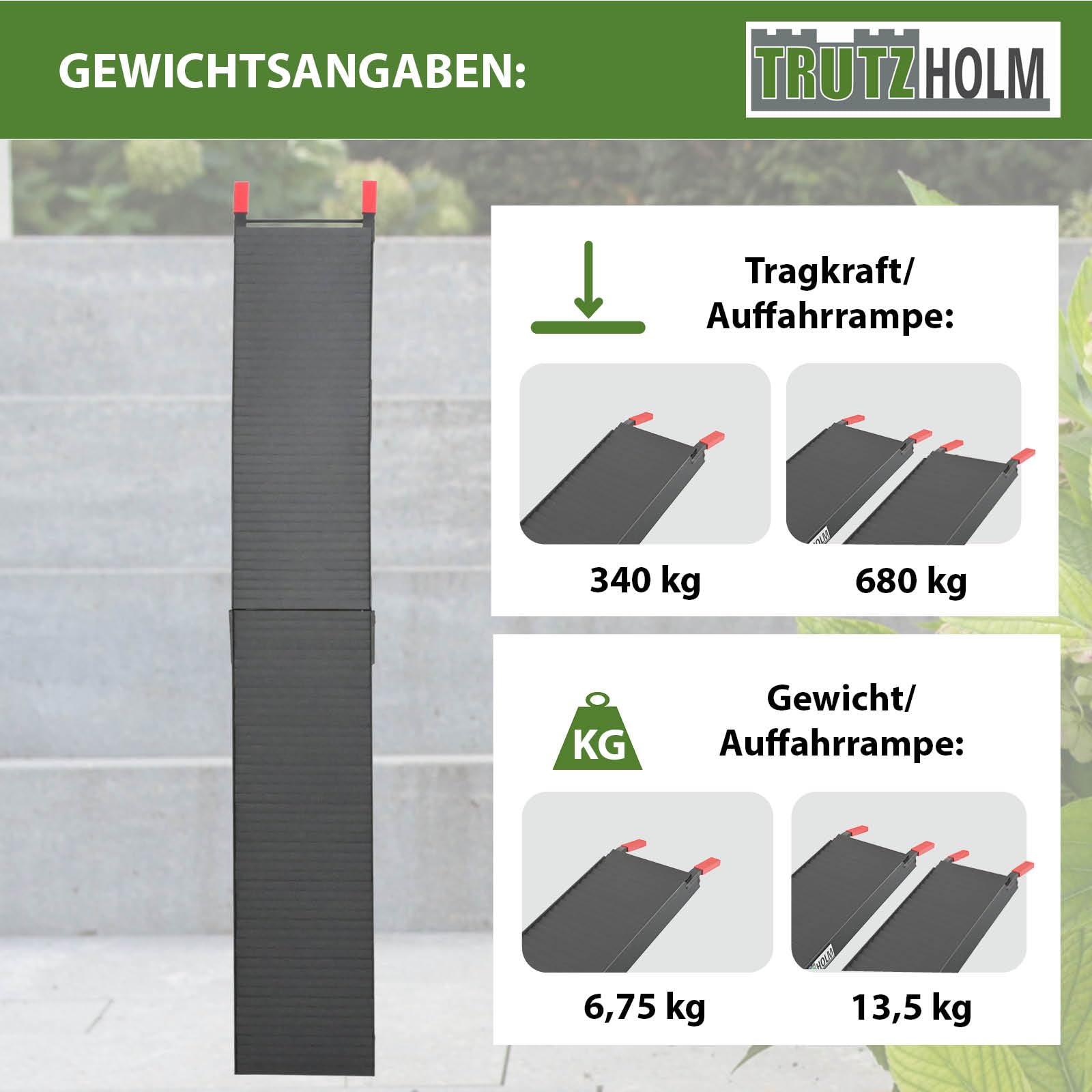 TRUTZHOLM 1x Auffahrrampe klappbar Aluminium Gesamtlänge 205 cm Traglast 340 kg geriffelte Oberfläche gummierte Auflage Rampe Motorradrampe Verladerampe inkl. Spanngurt in schwarz